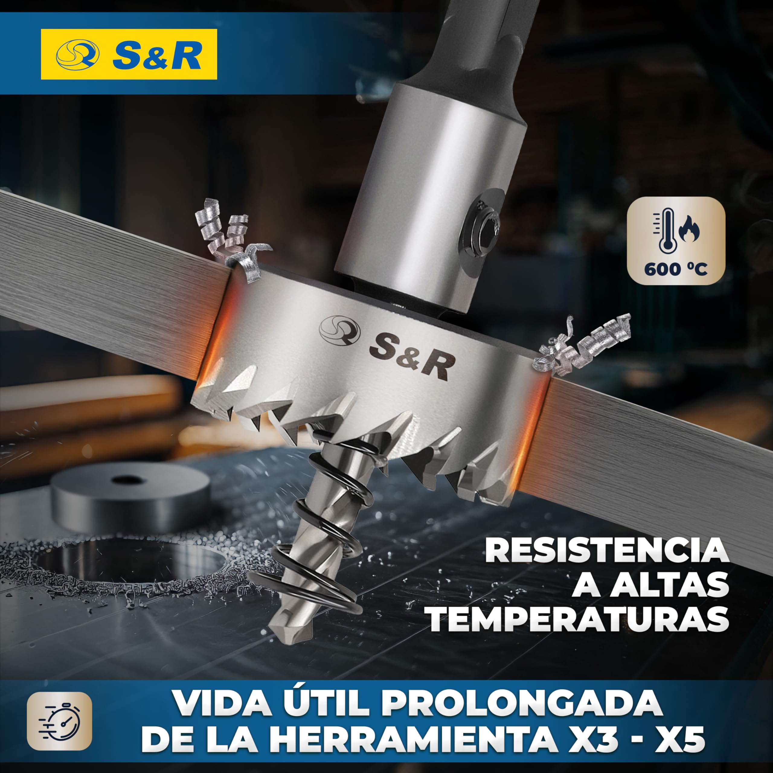 S&R Brocas Sierra Coronas Perforadora Metal. - Juego de 5 Fresas a Taza: 16 + 18,5 + 20 + 25 + 30 mm HSS Cobalto 5% - HRC 64-66