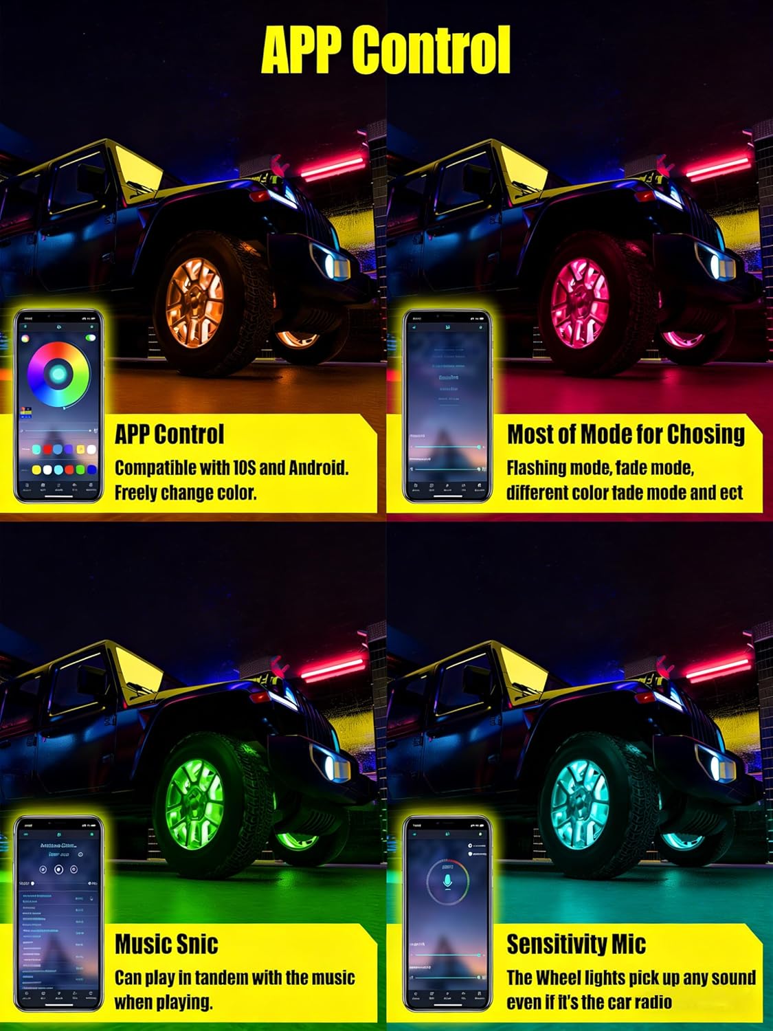 SUNPIE Wheel Lights for Truck 15.5’’ Tire Rim Lights for Trucks Multi Color Wheels Ring Lighting w/240 LEDs, Music Sync for All Vehicles Have 18’’-19’’ Wheels, Including Manual
