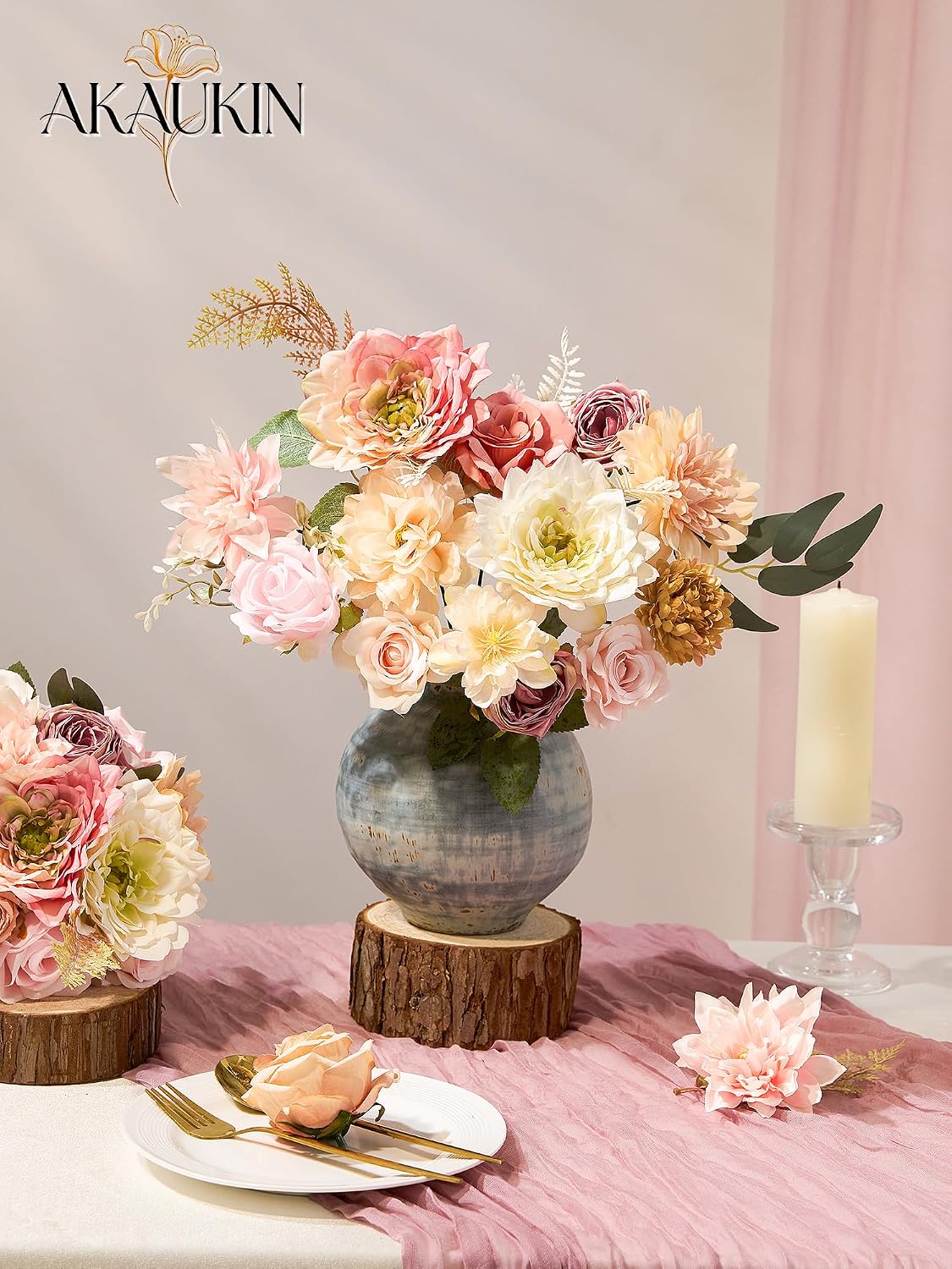 Artificial Flowers Combo, Faux Silk Dahlia Roses Bulk, Fake Bouquet with Stems Box Set for Wedding Arrangements Bridal Floral Baby (Light Pink, The Modern Classic)