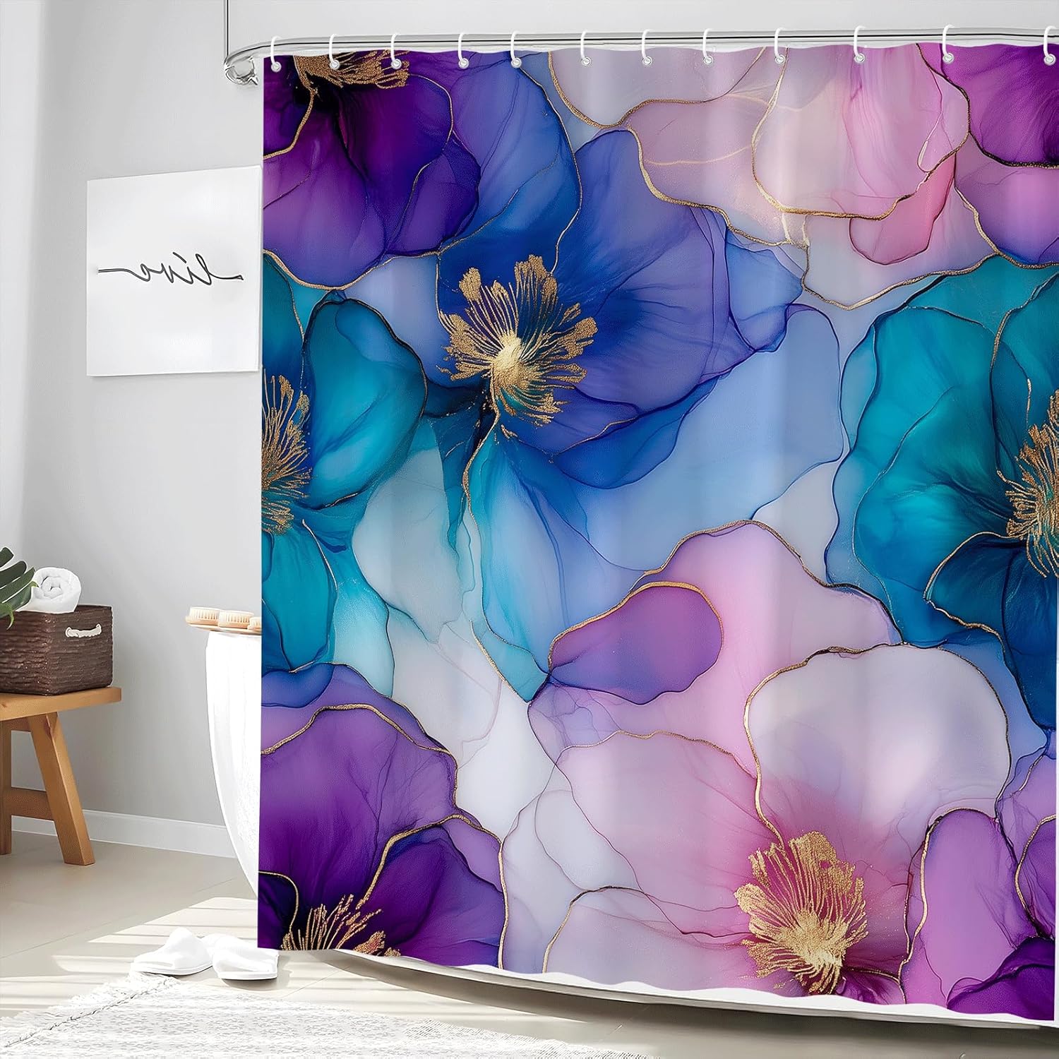 Abstract Floral Shower Curtain Blue Purple Marble Colorful Modern Art Fashion Girl Texture Aesthetic Watercolor Fabric Bathroom Curtain with Hooks 70Wx90H Inch