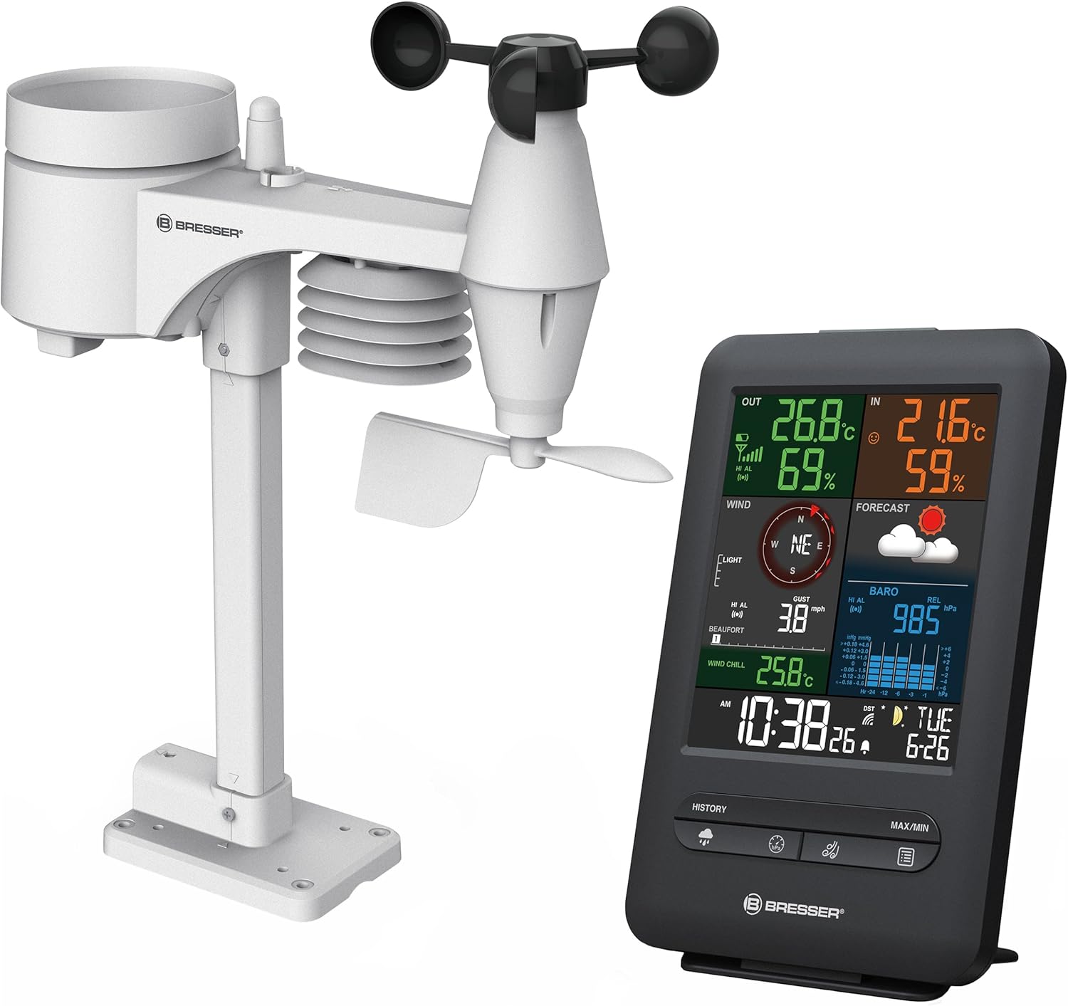 Bresser 7002525 Wetterstation Funk mit Außensensor 5-in-1 Beaufort mit großem Farbdisplay, Sensor für Temperatur, Luftfeuchtigkeit, Luftdruck, Windrichtung und Regenmesser, Schwarz, Einzigartig