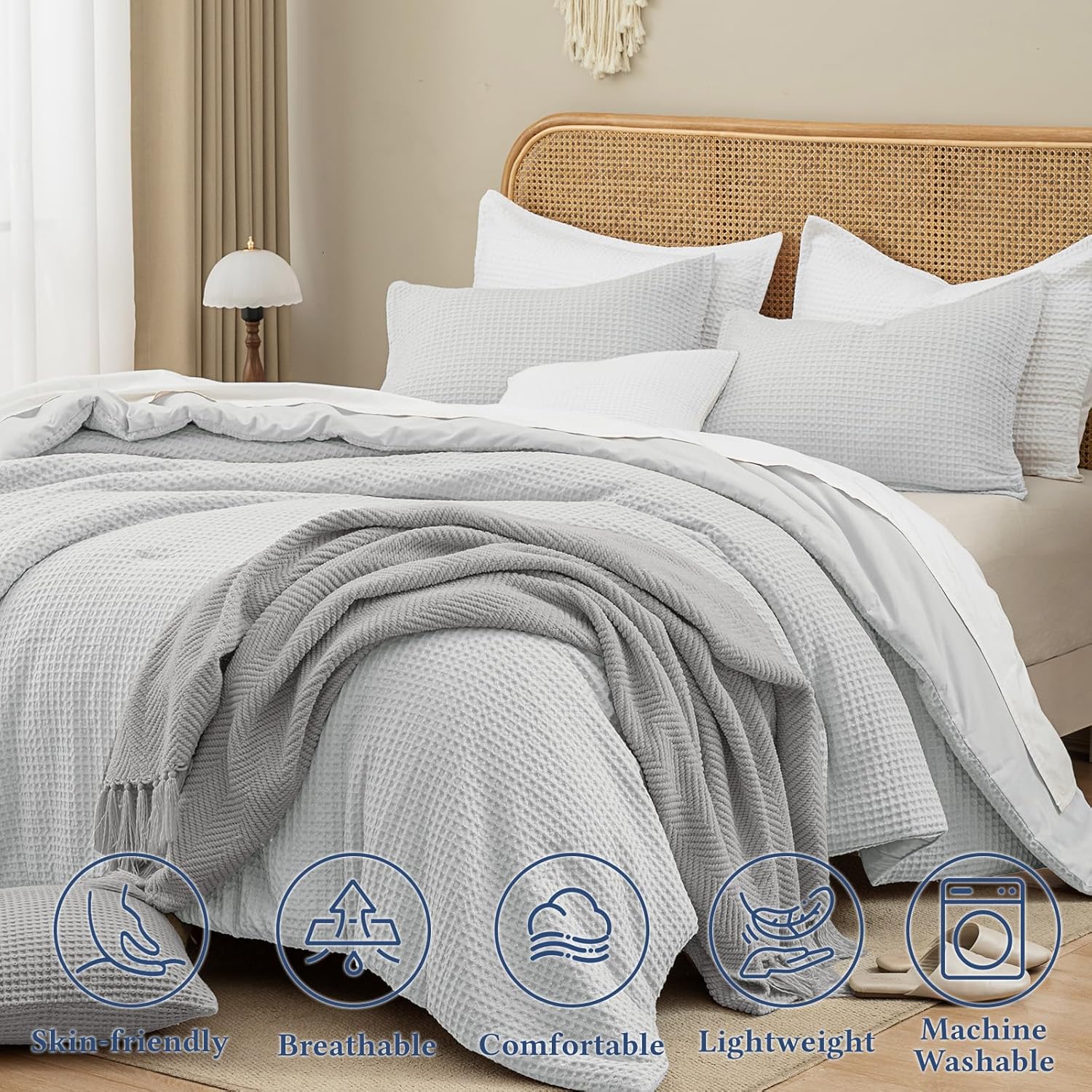 David's Home Waffle Weave Comforter Set 3PCS King Size, Soft Breathable Lightweight Cozy Skin-Friendly Warm for All Season, Elegant Aesthetic Home Decor Bedding Set with Pillow Shams, Light Grey - Image 4