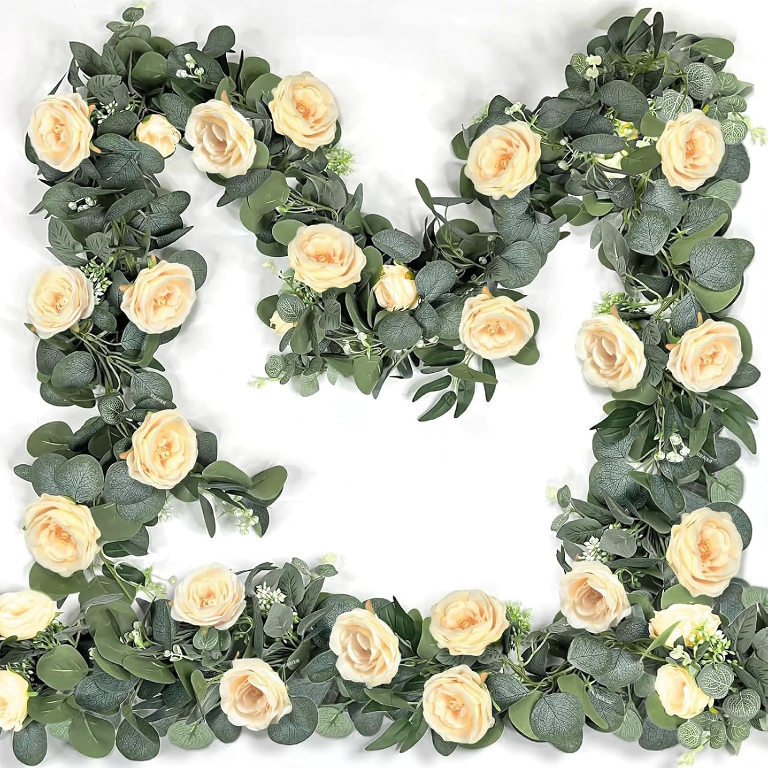 2 Pack 13FT Spring Artificial Eucalyptus Flower Garland with Champagne Roses, Fake Flower Greenery Floral Vines Green Garland for Wedding Arch Table Runner Backdrop Mantle Home Decorations (Champagne)