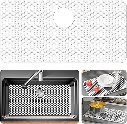 Miniatura 44 de Paquete de 2 protectores de silicona para fregadero de cocina con drenaje central, 13.58 x 11.6 pulgadas, antideslizante, resistente al calor