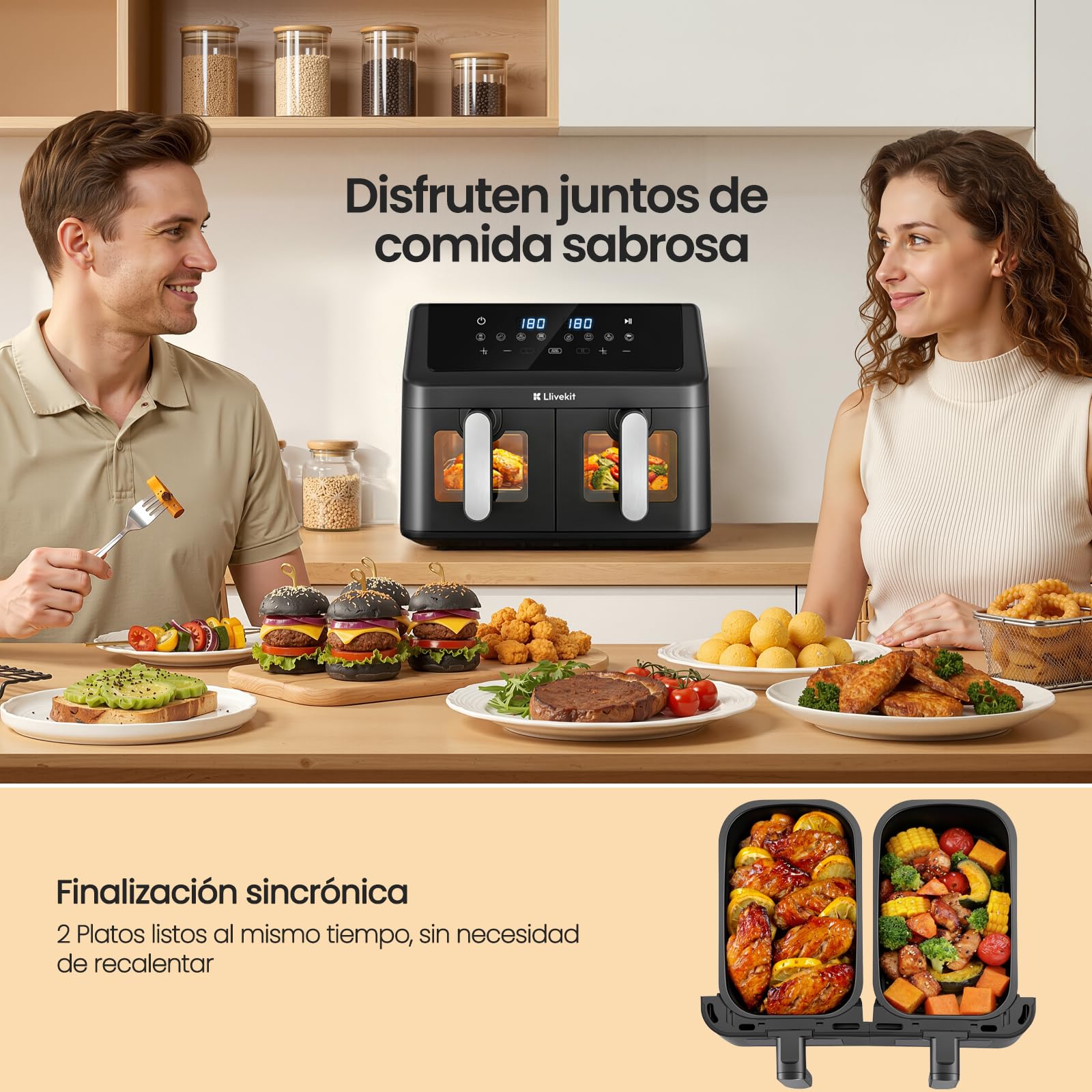 LLIVEKIT 9L Freidora de Aire con Circulación 4D de Aire Caliente | Air Fryer XXL Doble Zona, 2 Compartimentos 2x4,5L, 95% Sin Aceite, 8 Programas Predefinidos, Sync-Finish, Ahorro de Energía