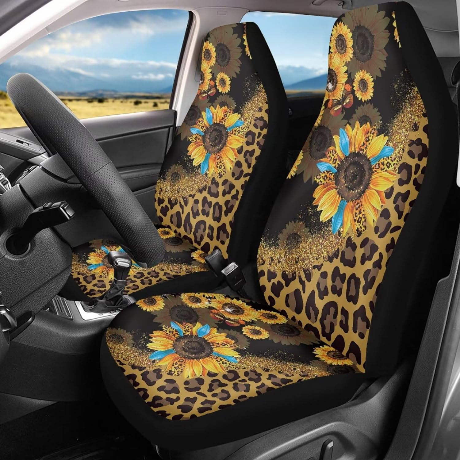 Sunflower Leopard Print Car Seat Covers Full Set,2 Pieces Women Men Universal Vehicle Interior Seat Mat Cover Sunflowers Car Accessories Seats Protection,Fit for SUV Truck Sedan