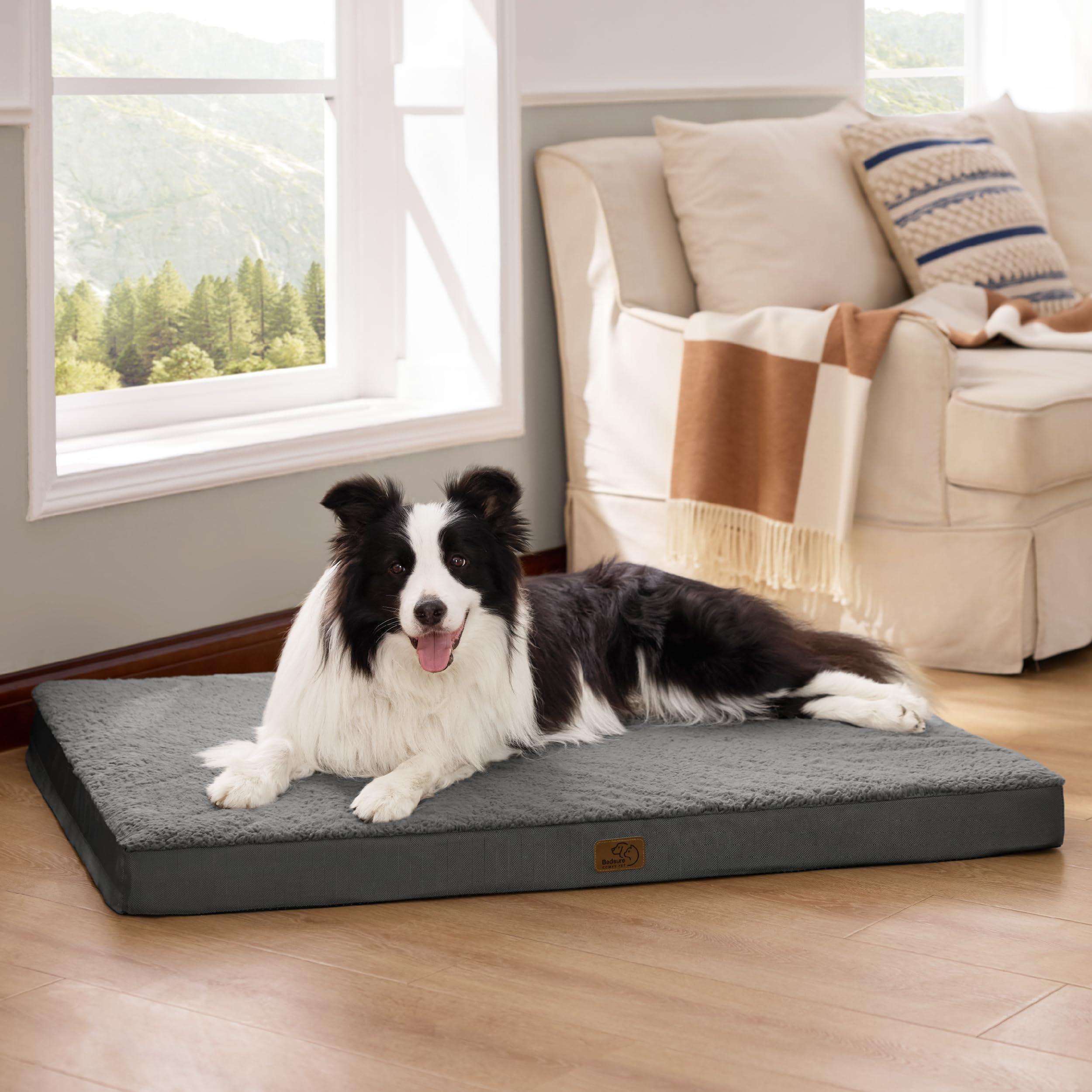 Bedsure Cama Perro Extra Grande Ortopédica - Colchón Perro Lavable XL, Desenfundable con Espuma De Caja De Huevos, 112x81x7.6 cm, Gris Oscuro