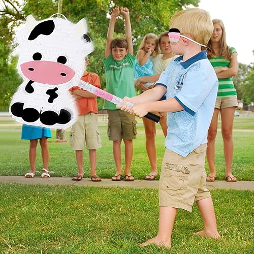 Miniatura 6 de 3 piezas de piñata de vaca para fiesta de cumpleaños, suministros de decoración que incluyen piñata grande, palo, vendas de papel para juegos de