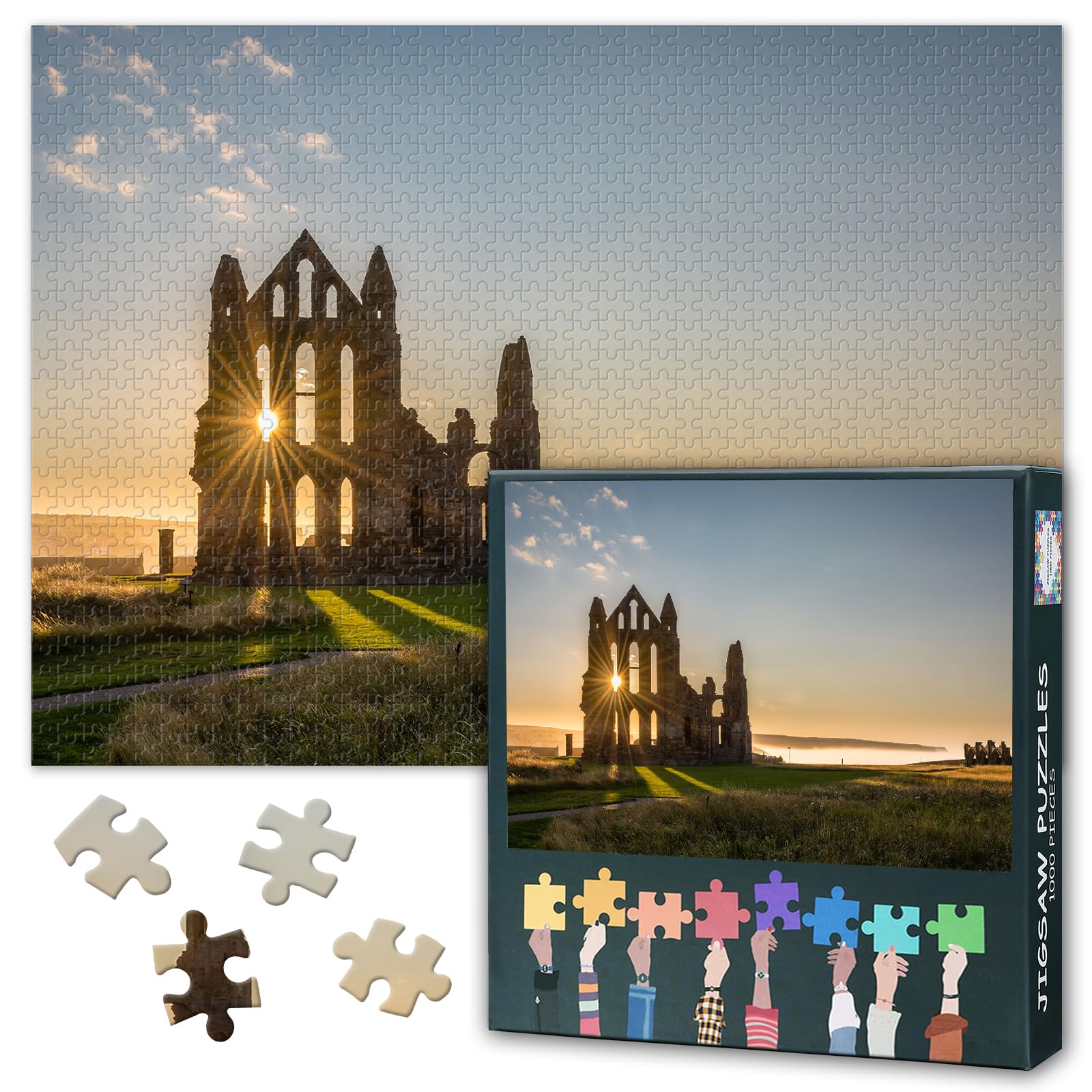 Puzzles for Adults 1000 Pieces, Sun Star on Whitby Abbey Jigsaw Puzzles, Gothic Ruins Adult Puzzle for Adults, Educational Fun Games or Toys for Elders Friends 20X27 INCH