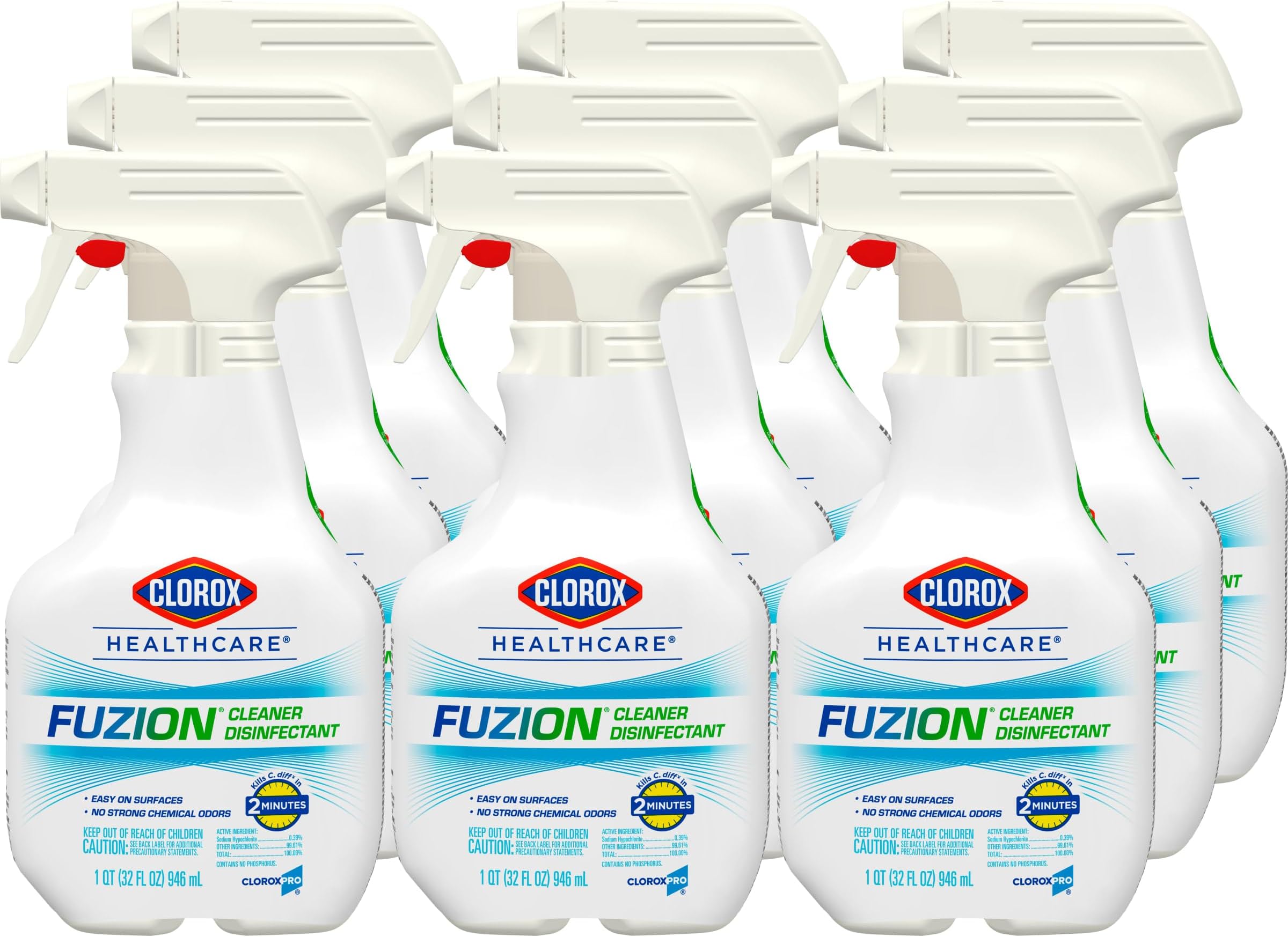 Clorox Healthcare Fuzion Cleaner Disinfectant Spray, No Strong Chemical Odors, Tough on Germs, Disinfecting Bleach Spray, 32 fl. oz., Pack of 9