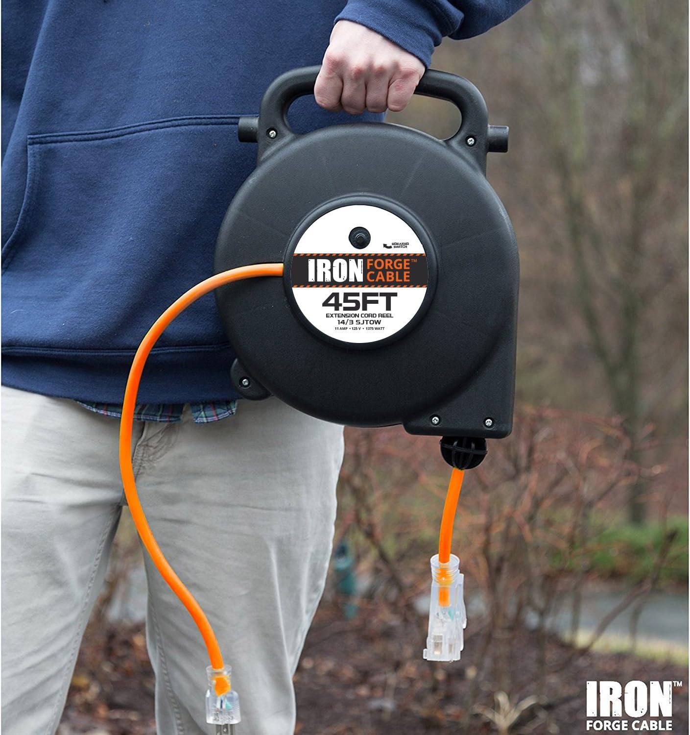 Iron Forge 45 Ft Retractable Extension Cord Reel - 2 in 1 Mountable & Portable Power Cord Reel with 3 Electrical Outlets - 14/3 SJTW Heavy Duty Orange Cable with 3 Prong - Garage Accessories