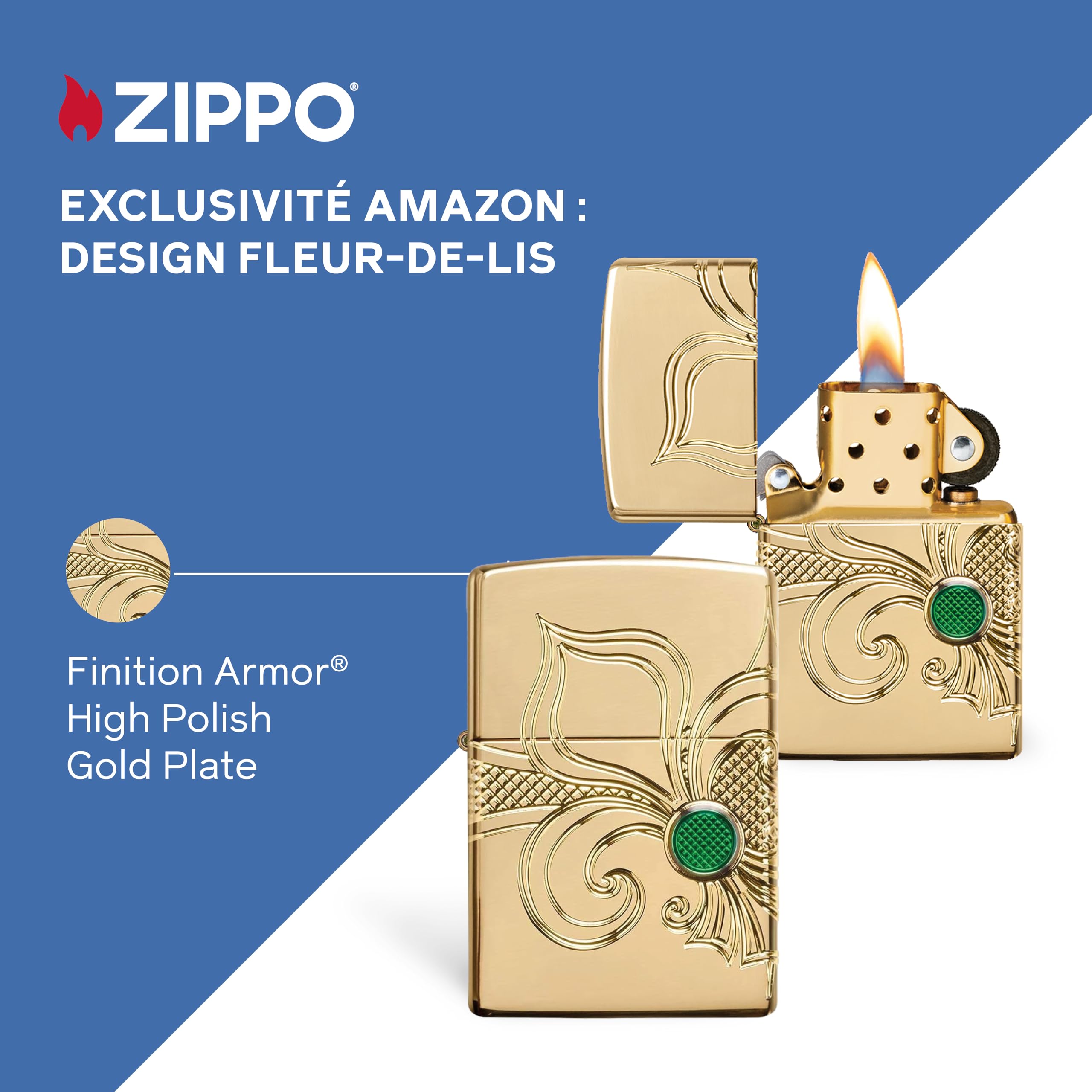 Zippo Briquet Tempête - Fleur De-Lis - Finition Armor Laiton Poli Brillant Or avec Gravure - Rechargeable - Réutilisable - Design Coupe-Vent - Coffret Cadeau - Fabriqué aux États-Unis
