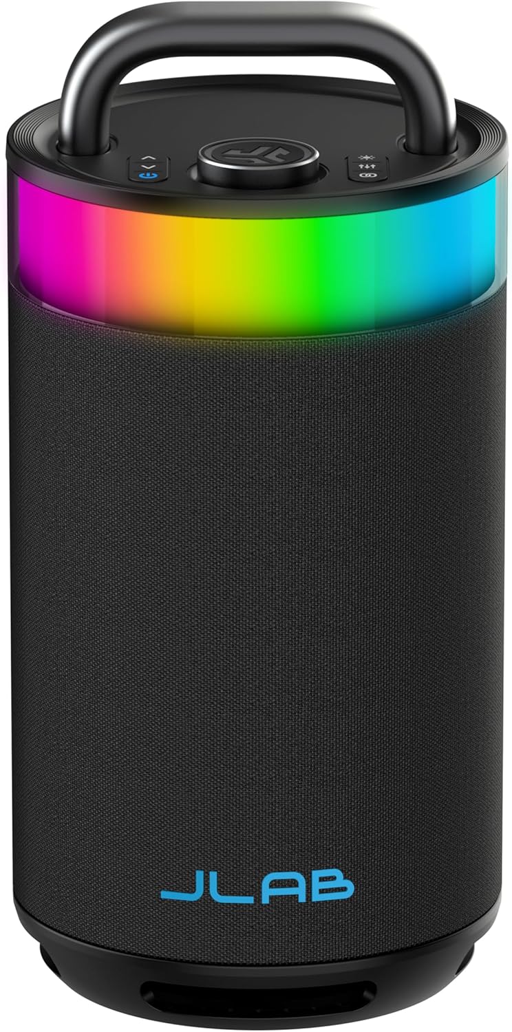 JLab Epic Party Portable Bluetooth Speaker, Black, 360-degree Sound with 100 Watts of Power, 16+ Hours of Playtime, Customizable RGB LED Lighting, Lab Sync Up to 100 Speakers, Custom Sound in-App