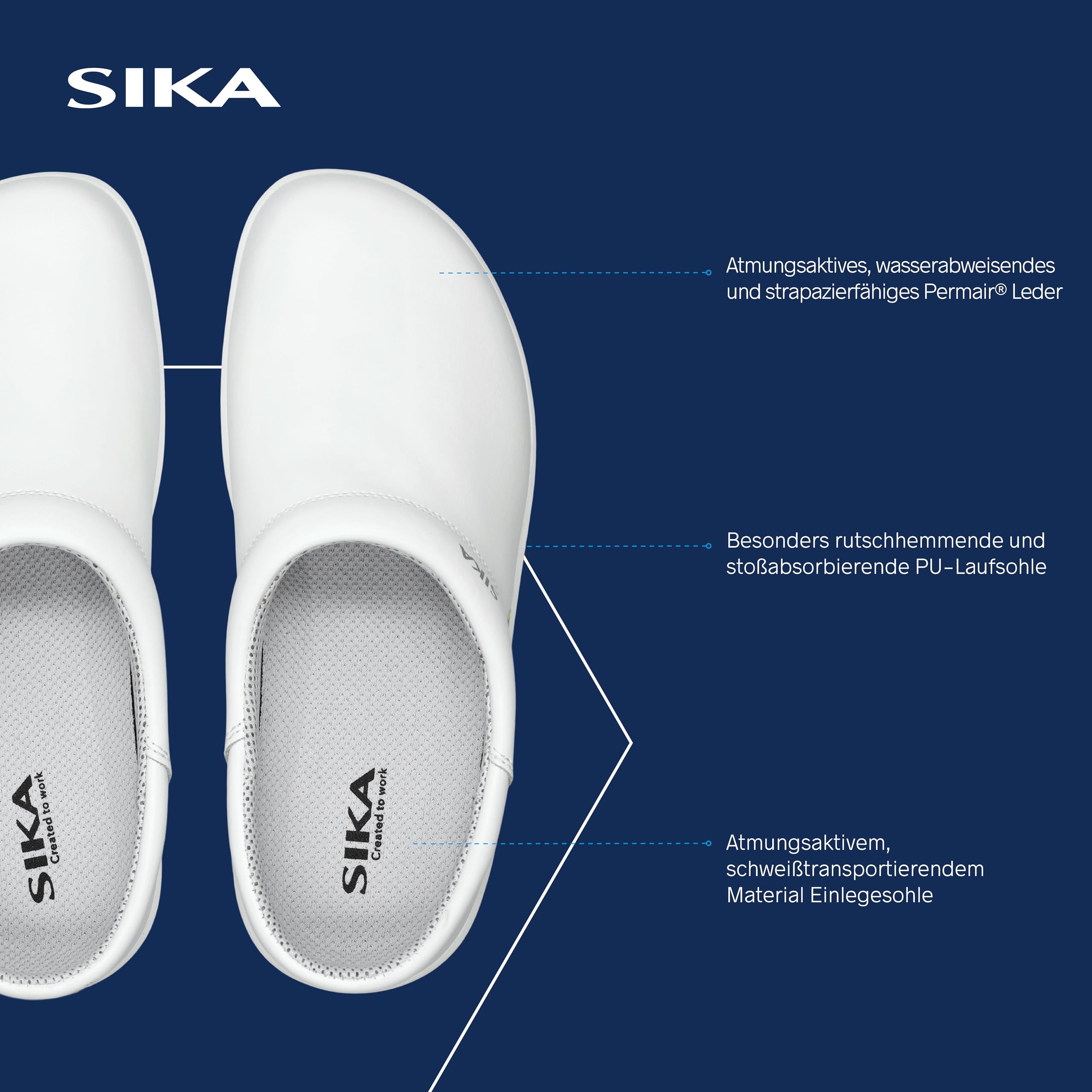 SIKA Unisex-Clogs, rutschfeste Arbeitsschuhe, wasserabweisendes Permair-Leder, stoßdämpfende Sohle, ESD-geprüft, waschbare Innensohle, professionelle Clogs für den Lebensmittel- und Medizinbereich