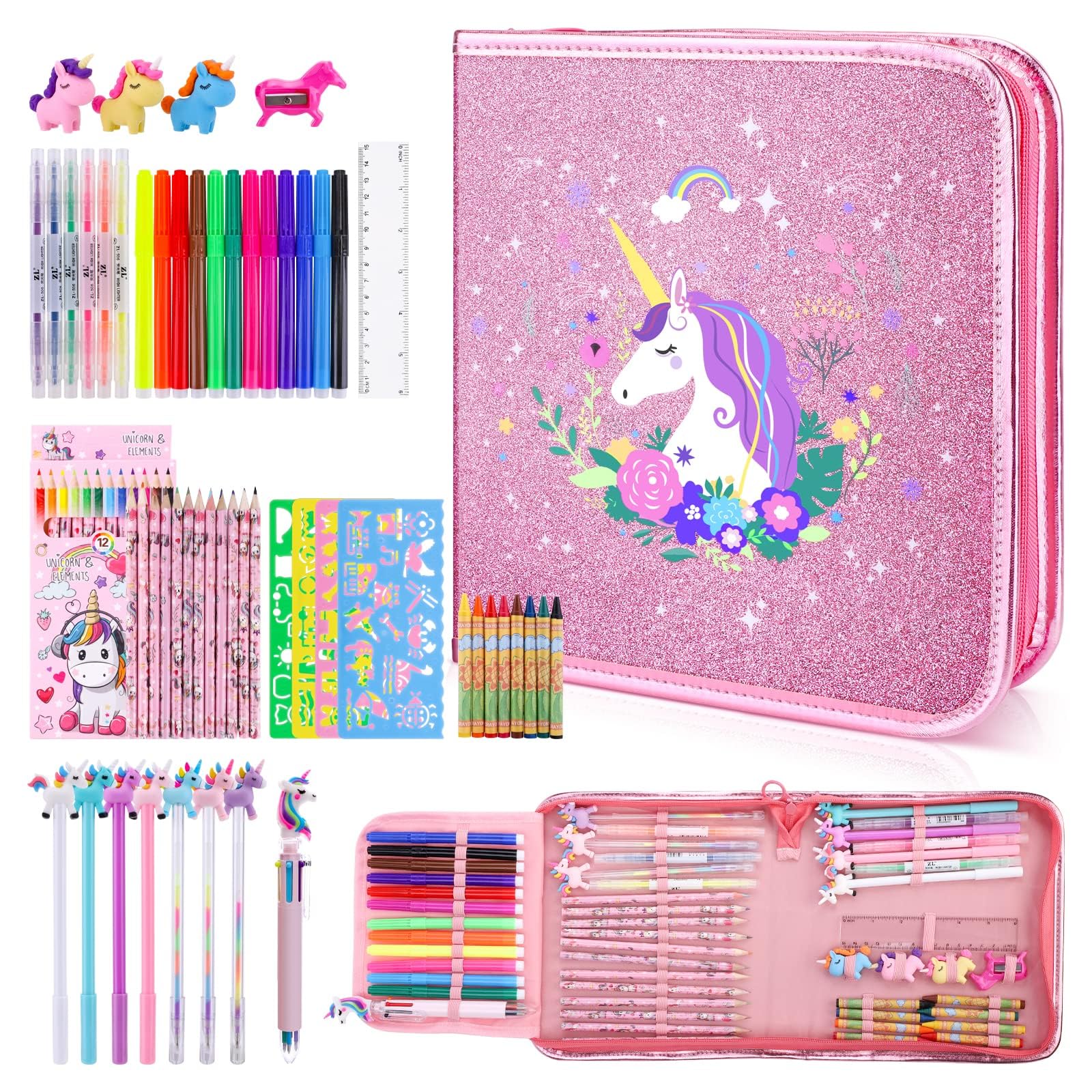 QearFunXD 56PCS お絵かきセット 塗り絵キット フルーツの香りのマーカーセット アート着色お絵かきセット ユニコーン鉛筆ケース 子供のための画材キット 文房具セット 色鉛筆 クレヨン マーカー 子供のため最高な誕生日プレゼント (ユニコーン２)