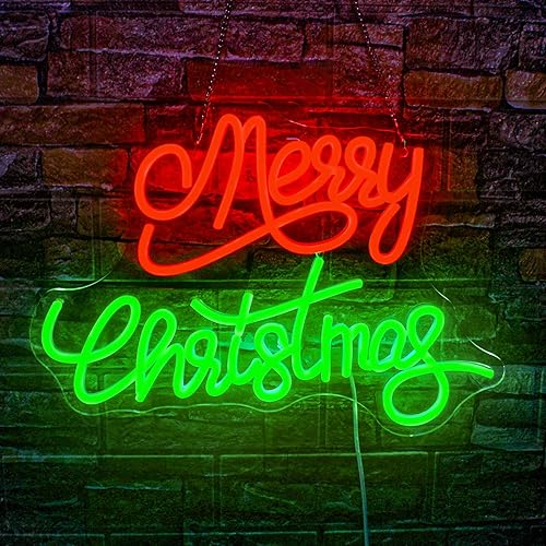 NOSUN Letrero de neón de Feliz Navidad, letras rojas y verdes para decoración de pared, luces de neón de Navidad regulables, letrero LED de Feliz