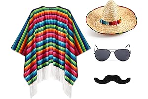 Mexican Costume Accessories Set: Serape Poncho, Sombrero Hat, Sunglasses, and Mustache for...