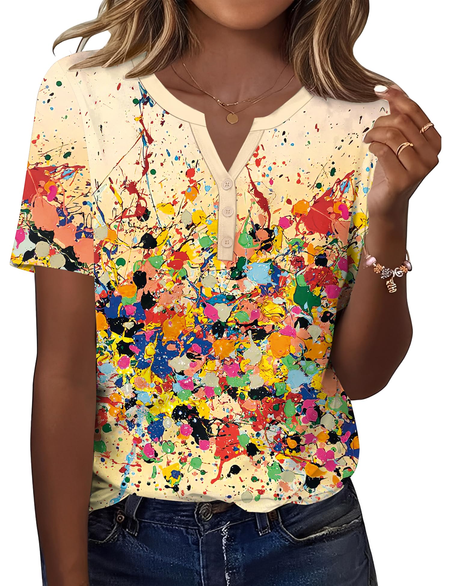 Women's Tops Dressy Casual Summer Blouses Short Sleeve Button V Neck Spring Tee Shirts