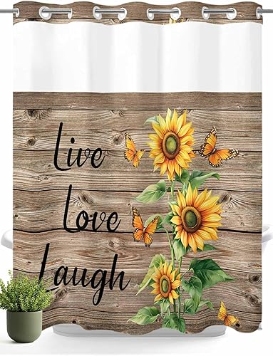 Eeijunphn No Hooks Shower Curtain with Snap in Fabric Liner Set, Farm Sunflowers