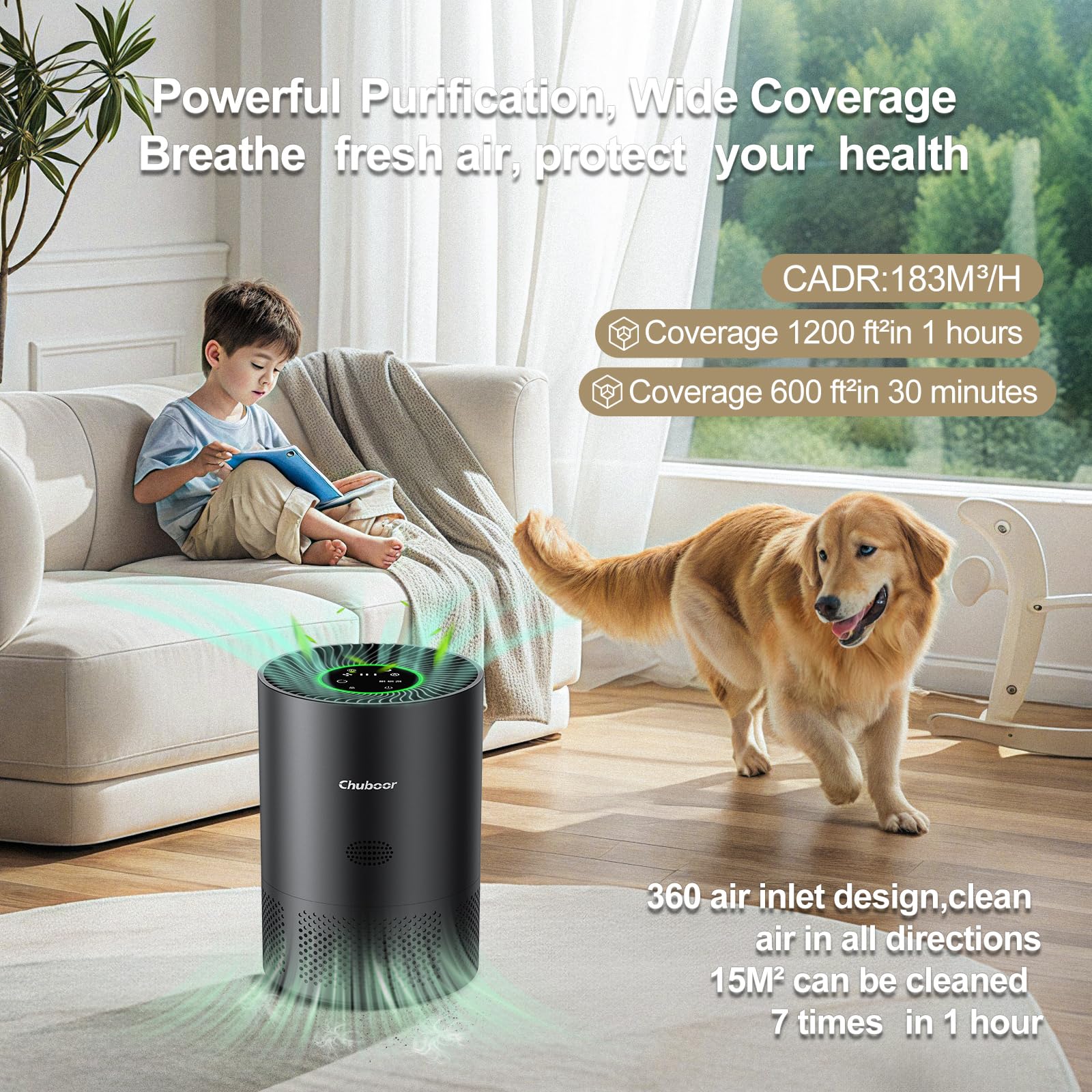 Chuboor Purificatore d'aria anallergico, filtro dell'aria HEPA contro muffa, polvere e peli di animali 185 m³/h CADR per camera da letto fino a 110 m², indicatore di qualità dell'aria, modalità auto