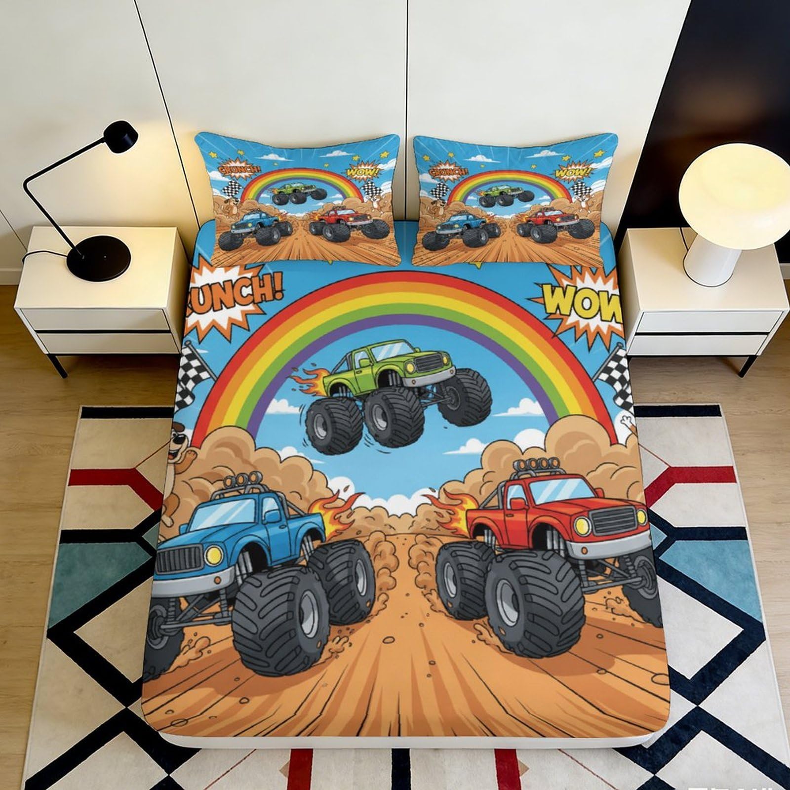 3D Printed Monster Trucks Fitted Sheet Microfiber Durable Cartoon Rainbow Bed Cover for Bedroom Dormitory Guest Room Mattress Protection Decor 200x200x25cm