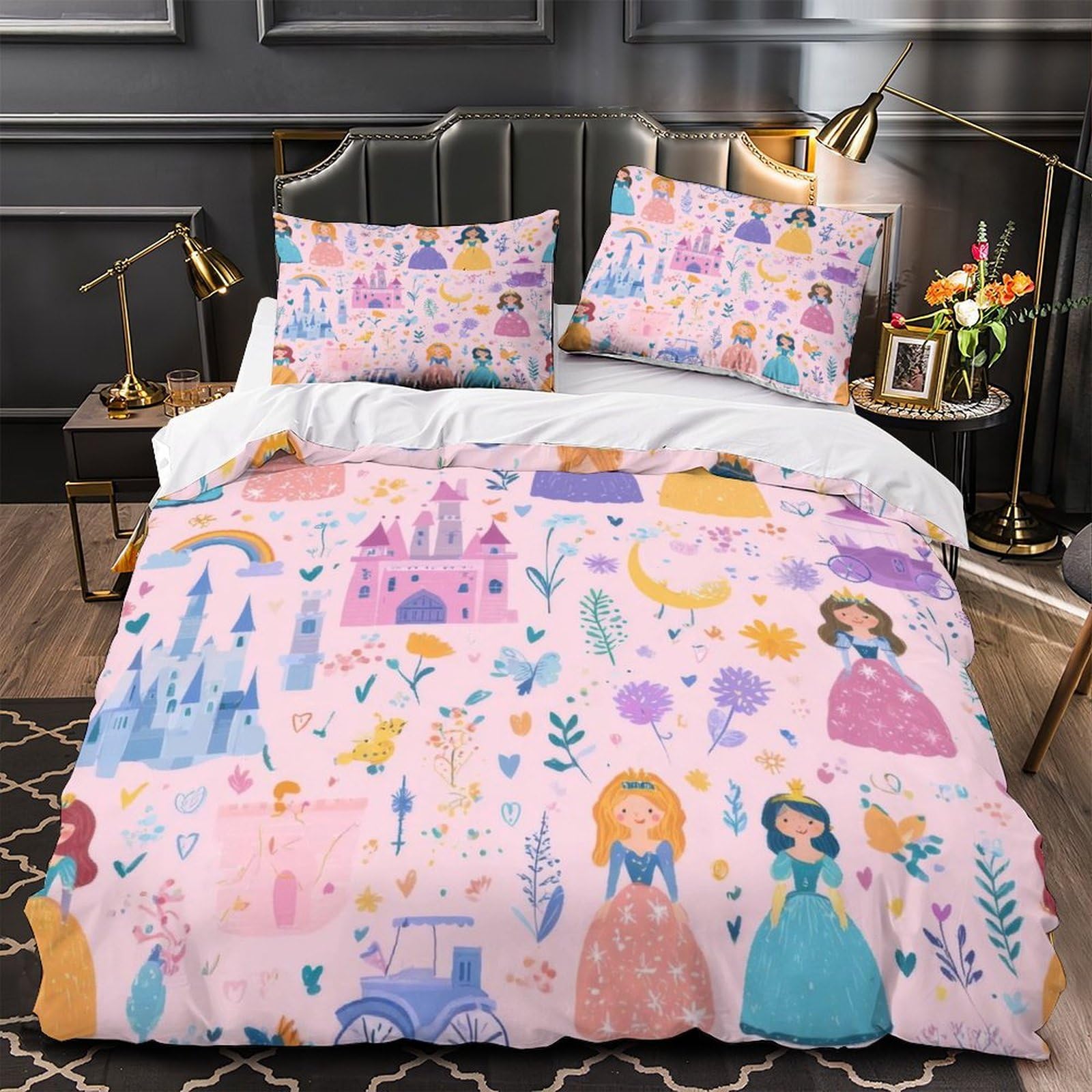 Housse de couette princesse 3D 135x200cm en microfibre douce avec fermeture éclair pour lit enfant
