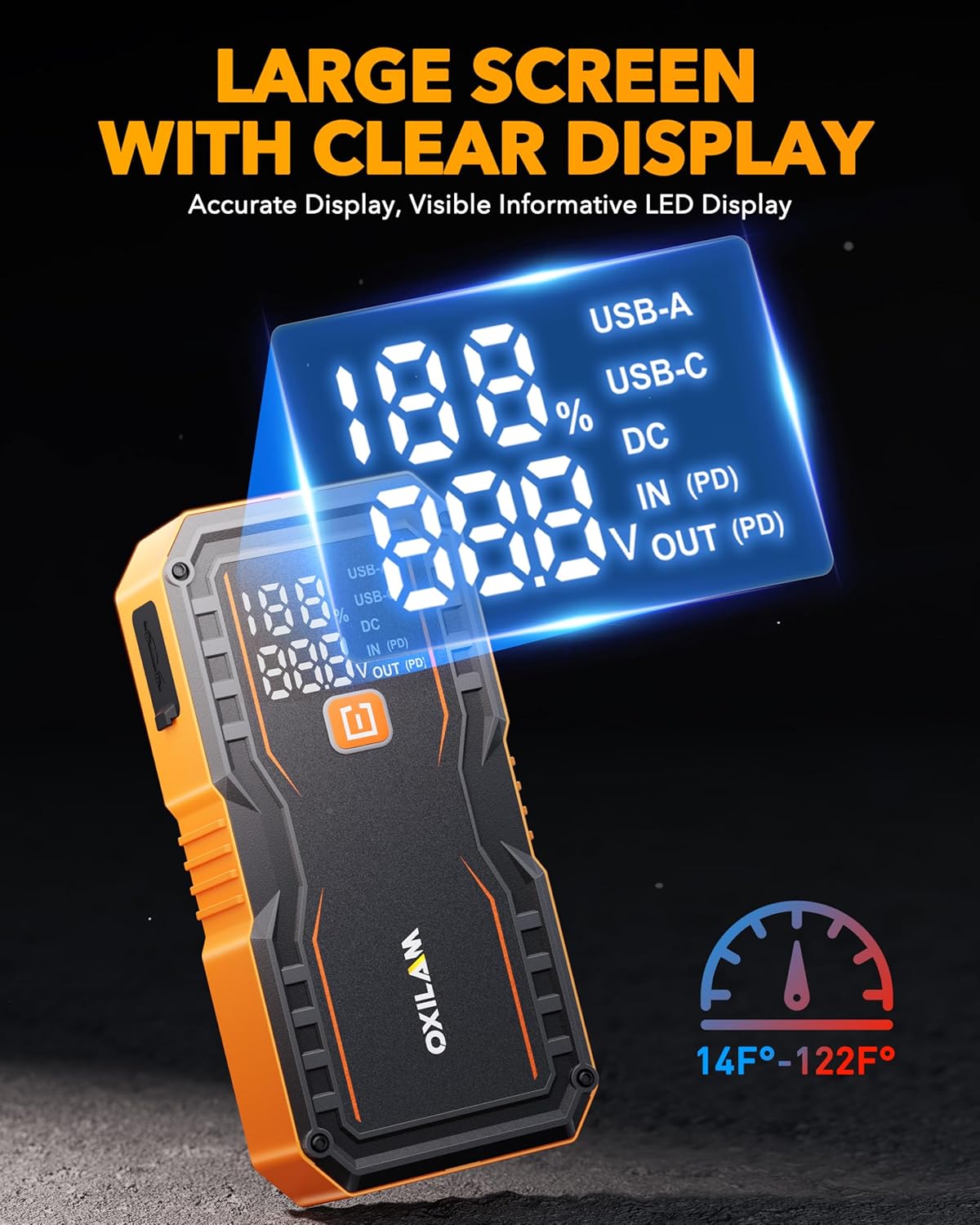 OXILAM 20000mAh Jump Starter for All Gas & Diesel Engines, 9000A Battery Jumper Starter Portable, 12V Jump Box with Quick Charger, Extended Jumper Cable, LED Display, USB, DC, Type C Port & LED Light - Image 5