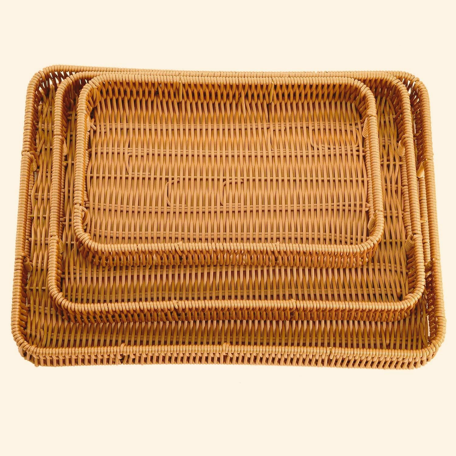 Set of 3 Rattan-Style Woven Plastic Serving Trays | Rectangular Bread Baskets with Handles for Dining Table, Kitchen, Snacks, Fruits, Home Décor & Storage (Reqtangle Tray Set) 4