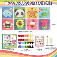 Vista 2 de Caydo Kit de punto de cruz 8 en 1 para principiantes y niños, incluye 8 lienzos de plástico con patrones previos, 13 hilos