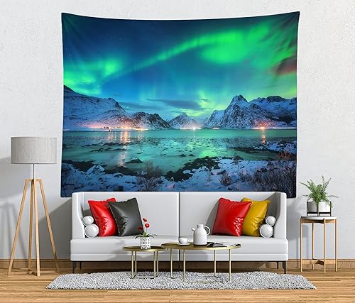 Miniatura 3 de BELECO Tapiz para colgar en la pared, diseño de auroras boreales, 106 x 70 pulgadas, montañas de nieve y vista al lago, noche estrellada, tapiz de