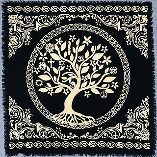 THE ART BOX Altare di stoffa Tarocchi Tovaglioli Accessori per stregoneria Oro nero Tovaglia Età quadrata Pagan Spirituale Celestiale Mazzo di stoffa con frange, Albero della vita, 36x36 pollici