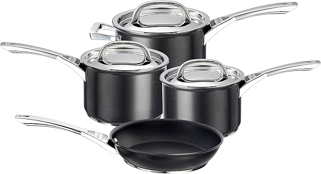 Circulon Infinite Induction Hob Pan Set - 4 Piece Non Stick Saucepan Set & Frying Pan with Stainless Steel Lids & Handles, Premium Dishwasher Safe Cookware, Black