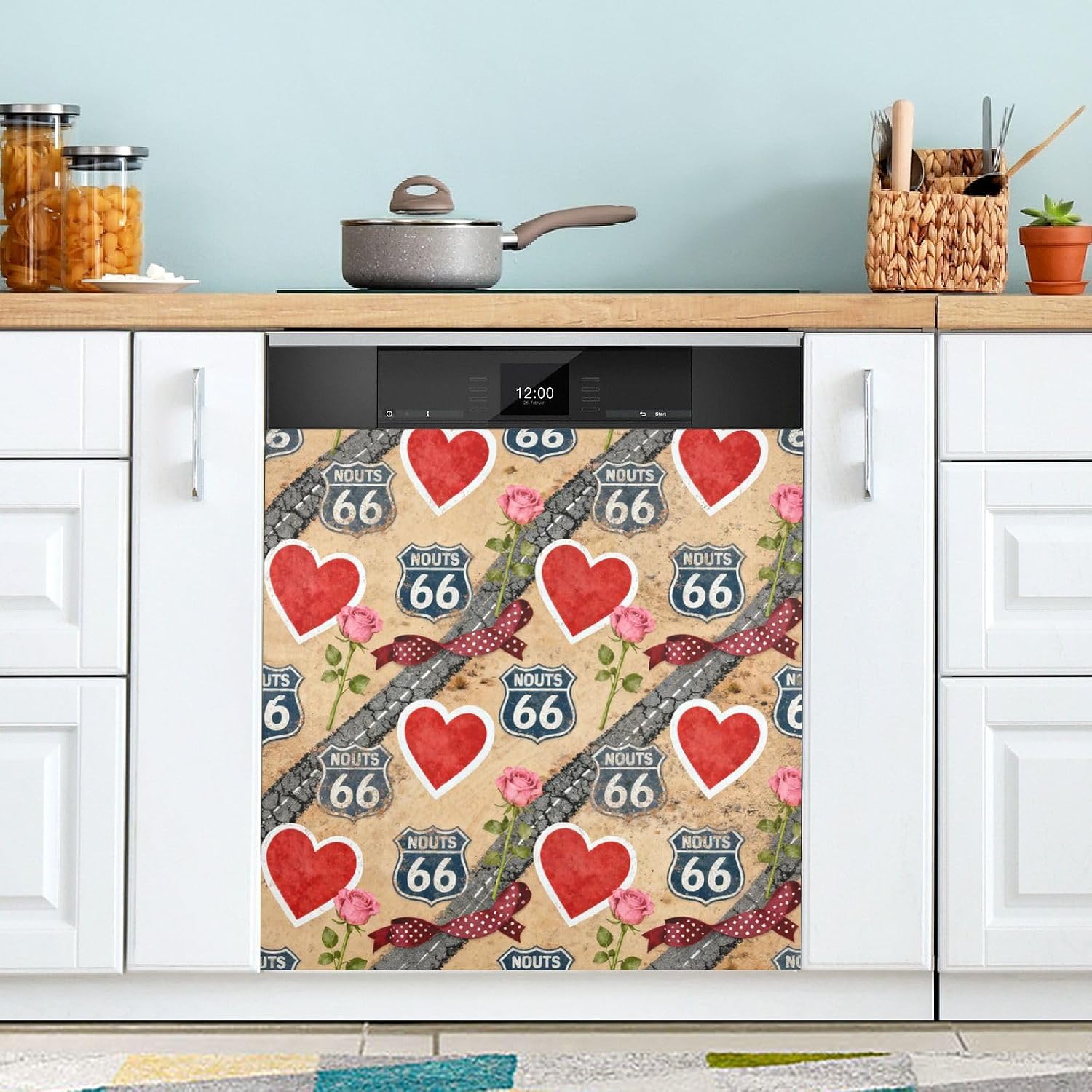 QUGRL Hearts Roses Route Sixty Six Dishwasher Magnet Cover Front Door Valentine's Day Refrigerator Covers Magnetic Sheet Sticker Wash Machine Fridge Panel Decal for Kitchen Appliance 23x26 i