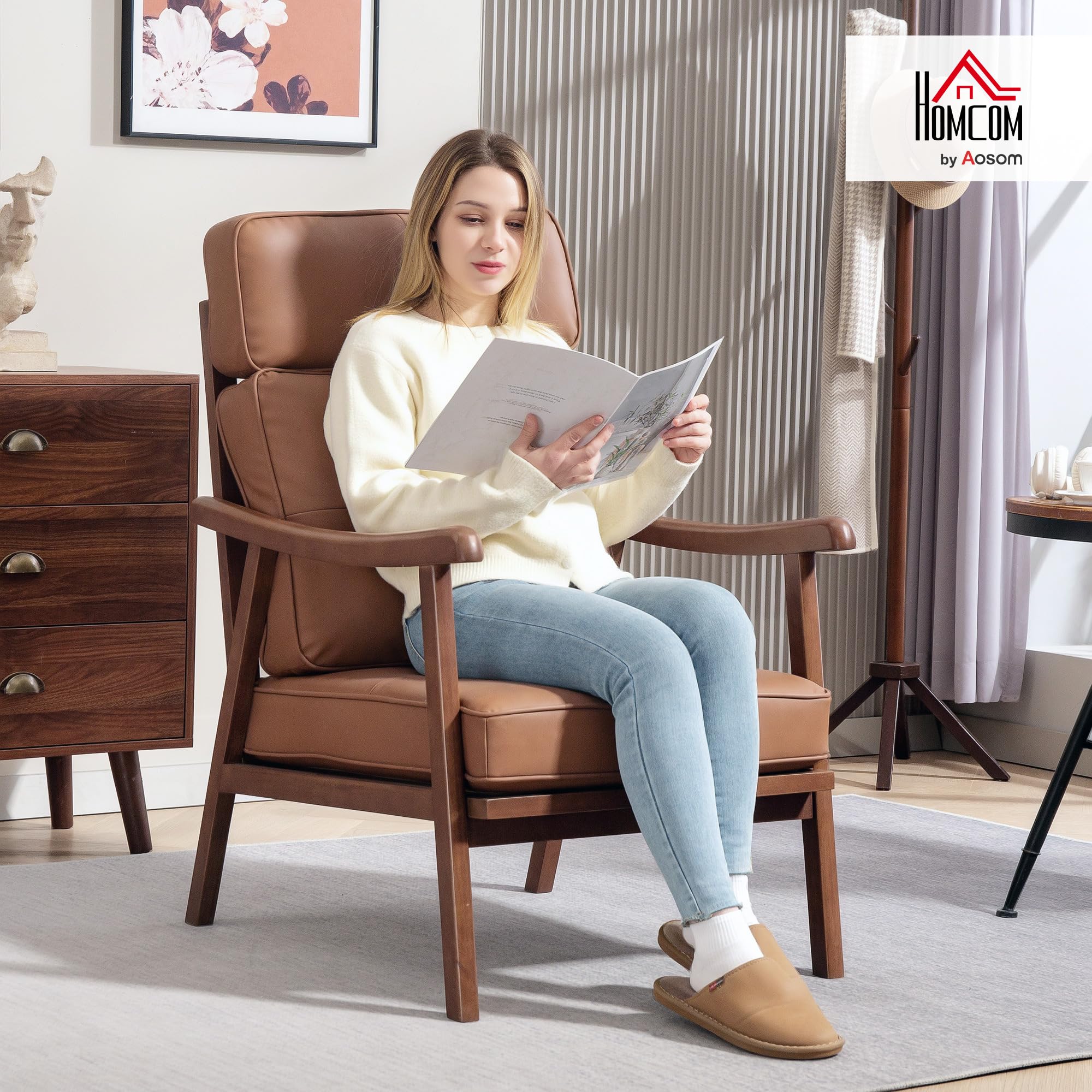 HOMCOM Fauteuil de salon Fauteuil de salon en PU avec structure en bois Coussins épais et rembourrés Dossier haut Charge 150 kg Fauteuil de lecture pour salon Chambre à coucher Marron et bois de noyer