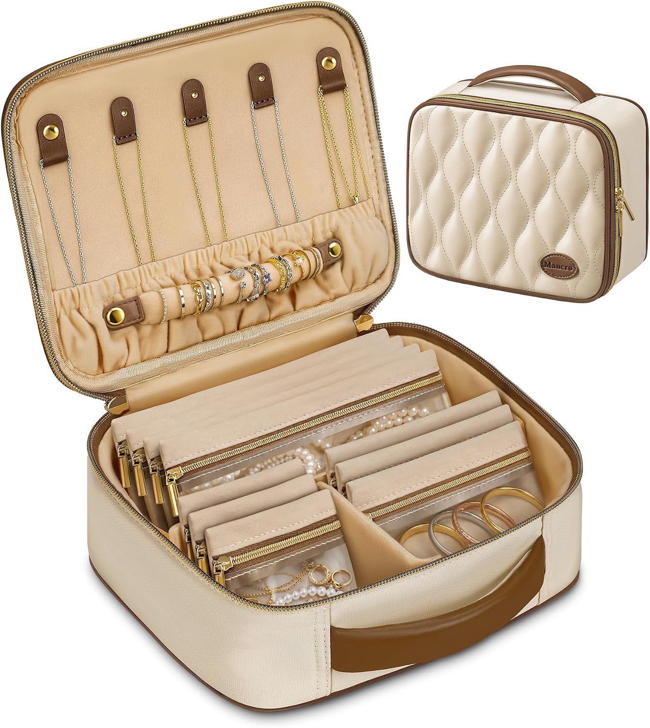 Mancro Travel Jewelry Case Organizer for Women with 10 Sorted Clear Pouches