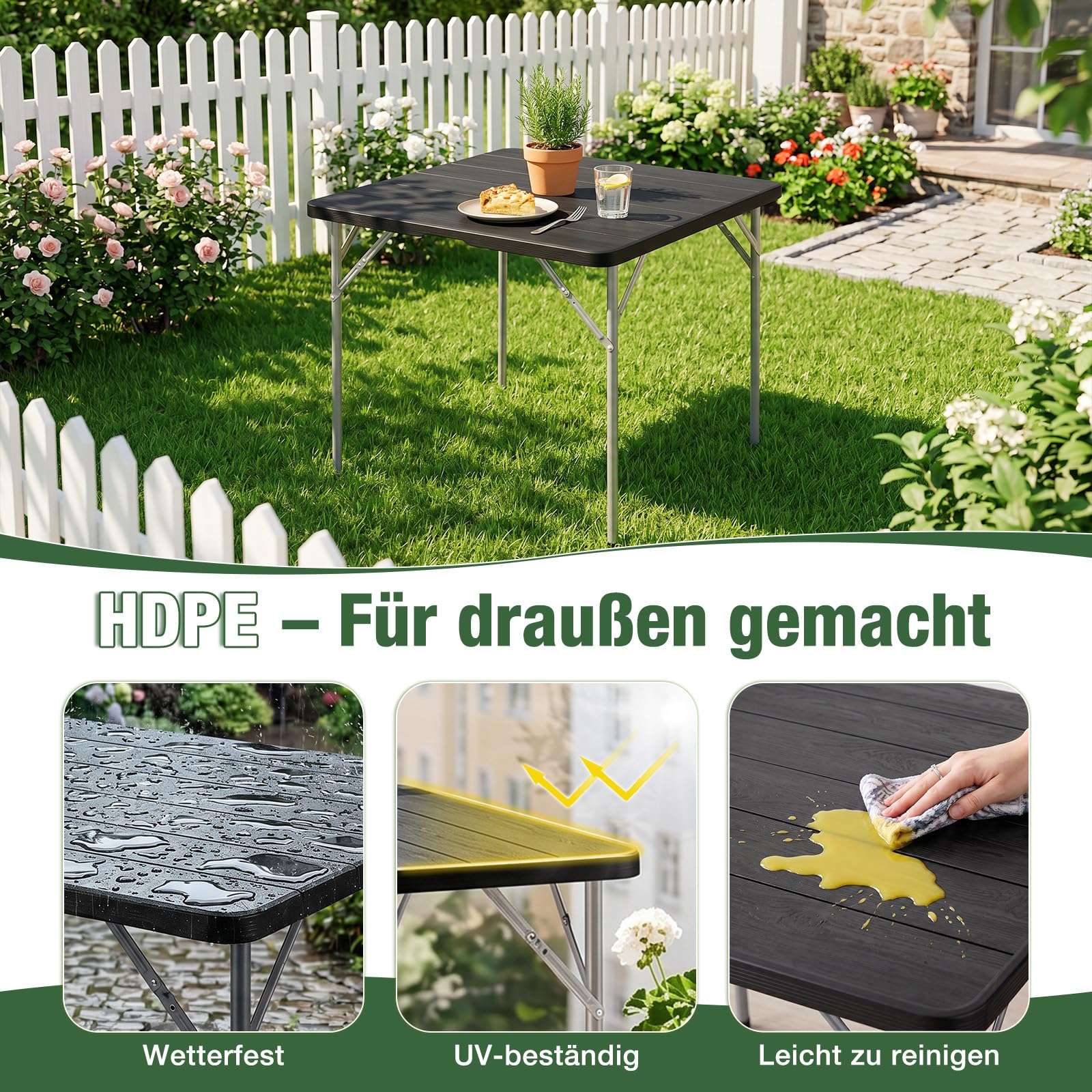 Sekey Gartentisch Klappbar, H x B x T: 74 x 86 x 86 cm, Kunststoff Holz Optik Balkontisch 4 Personen, Wetterfest Klapptisch Outdoor Campingtisch Beistelltisch Bistrotisch, Schwarz