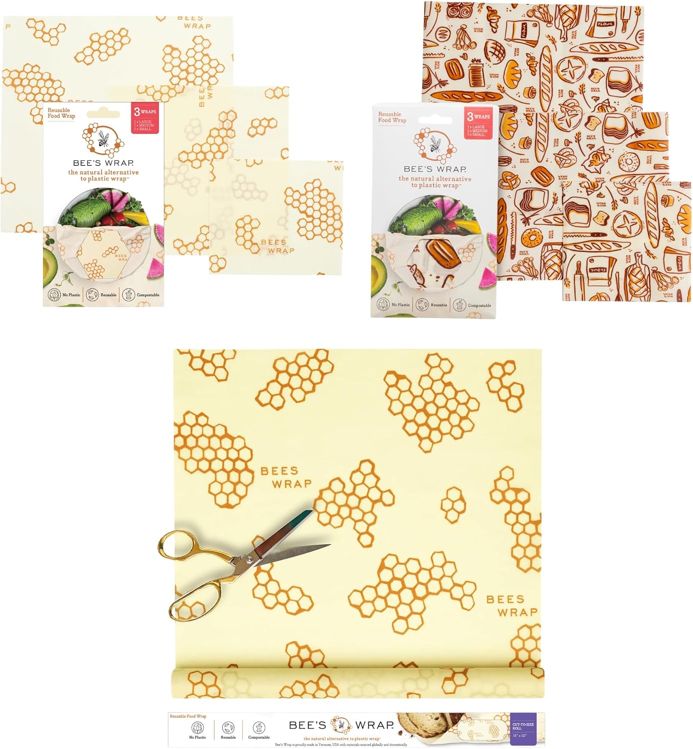 Bee's Wrap Plastic-Free Transition Kit - Beeswax Food Wraps Bundle Includes Cut to Size Honeycomb Roll, 3 Bakery Lane Prints & 3 Honeycomb Prints - Made in the USA Beeswax Reusable Wraps for Food