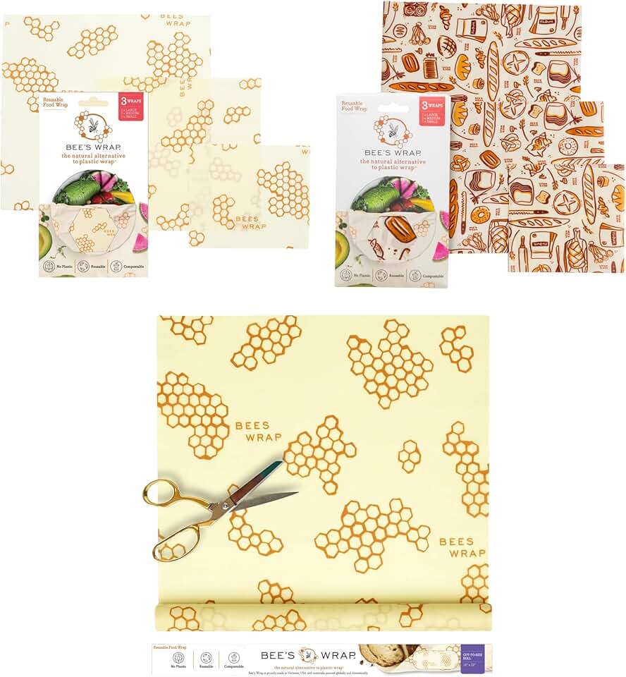 Bee's Wrap Plastic-Free Transition Kit - Beeswax Food Wraps Bundle Includes Cut to Size Honeycomb Roll, 3 Bakery Lane Prints & 3 H