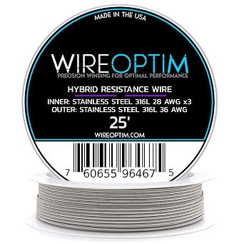 28 AWG الفولاذ المقاوم للصدأ 316L 3X Core - 36 AWG الفولاذ المقاوم للصدأ 316L - سلك المقاومة الهجين - 25 قدمًا