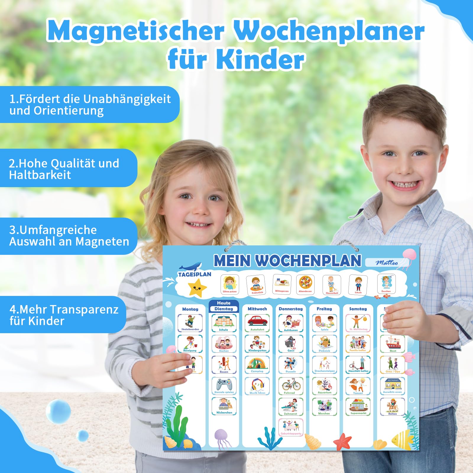FORMIZON Montessori, agenda settimanale per bambini, lavagna magnetica con 248 magneti, custodia e penna, calendario per bambini, programma giornaliero e programma settimanale, gioco educativo