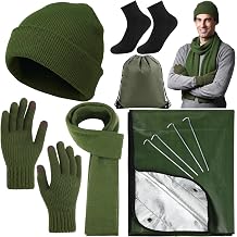 6 Pcs Winter Beanie Hat Scarf Gloves Socks Set with Emergency Blanket Drawstring Bag for Men Women Hiking Outdoor Travel