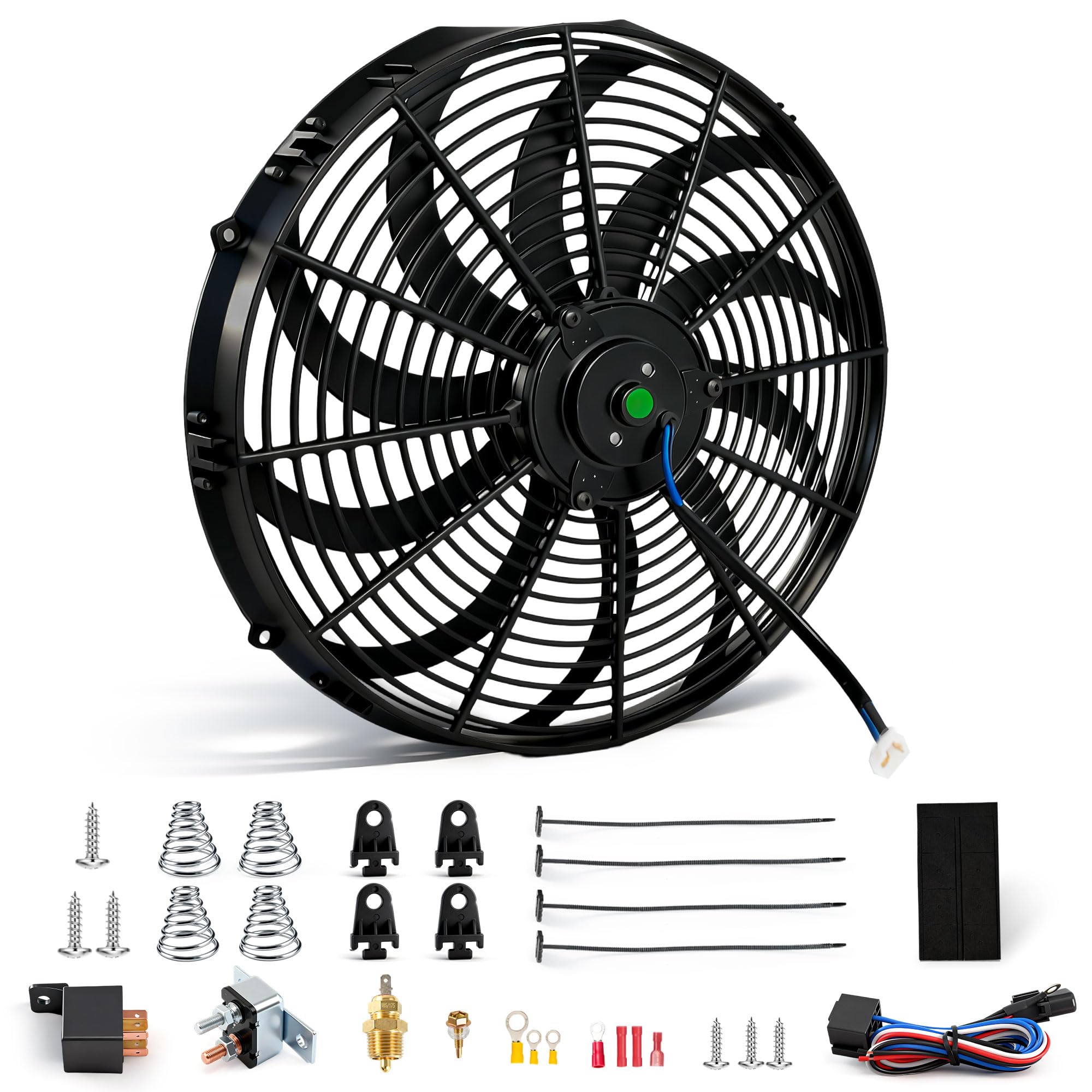 LucaSng 16" Black Electric Radiator Cooling Fan Wide S-Curved 10 Blades Thermostat Kit High 3000 CFM Reversible Push or Pull with Mounting Kit Heavy Duty 12Volts