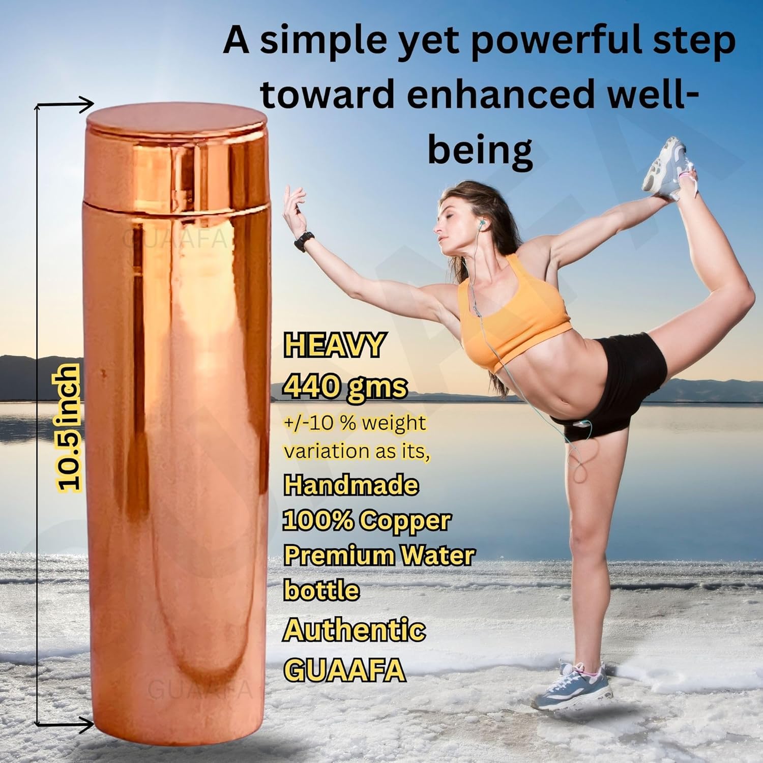 GUAAFA Copper Water Bottle- 32oz Handmade Ayurvedic 100% Pure Copper Smooth Finish Vessel Cu Drinkware Gifts Him Her- Gym Office Yoga Travel (Plain 32oz) - Image 2
