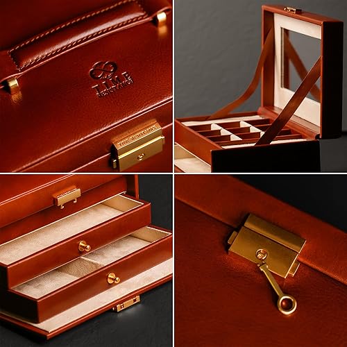 Miniatura 10 de Time Resistance Joyero de cuero  Organizador de joyas de cuero genuino  Caja de almacenamiento de accesorios marrón con cerradura de llave para mujer