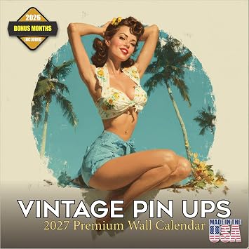 MegaCalendars 2027 Pin Up Girls Wall Calendar - 12x24 Open Retro Bikini Model 16-Month Monthly Planner, Thick Paper, Tasteful Vintage Art Poster Decor, Gag Gift for Men, Husband, Garage