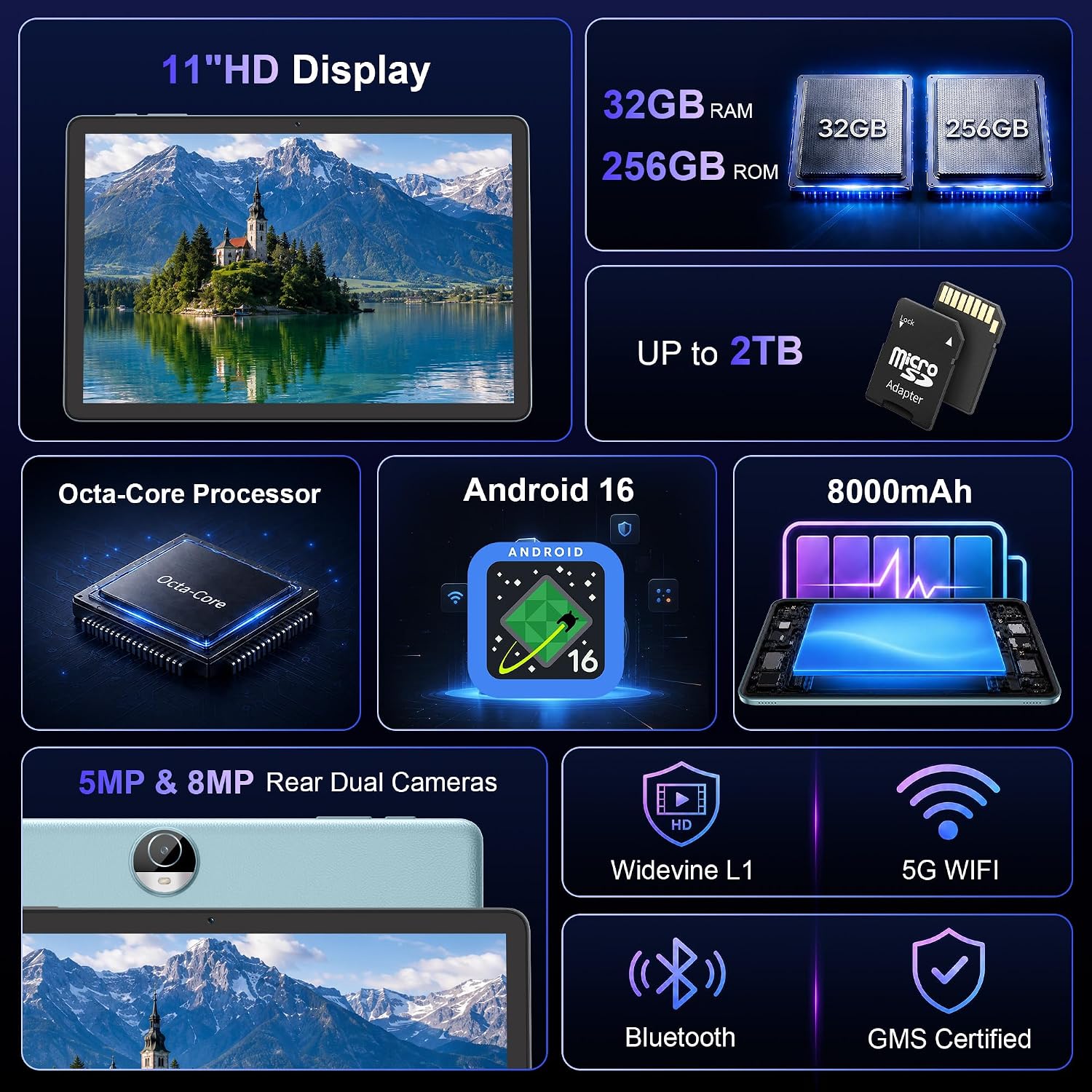 11" Android 16 Tablet 32GB RAM 256GB ROM 2T Expand with Blue Case thumbnail