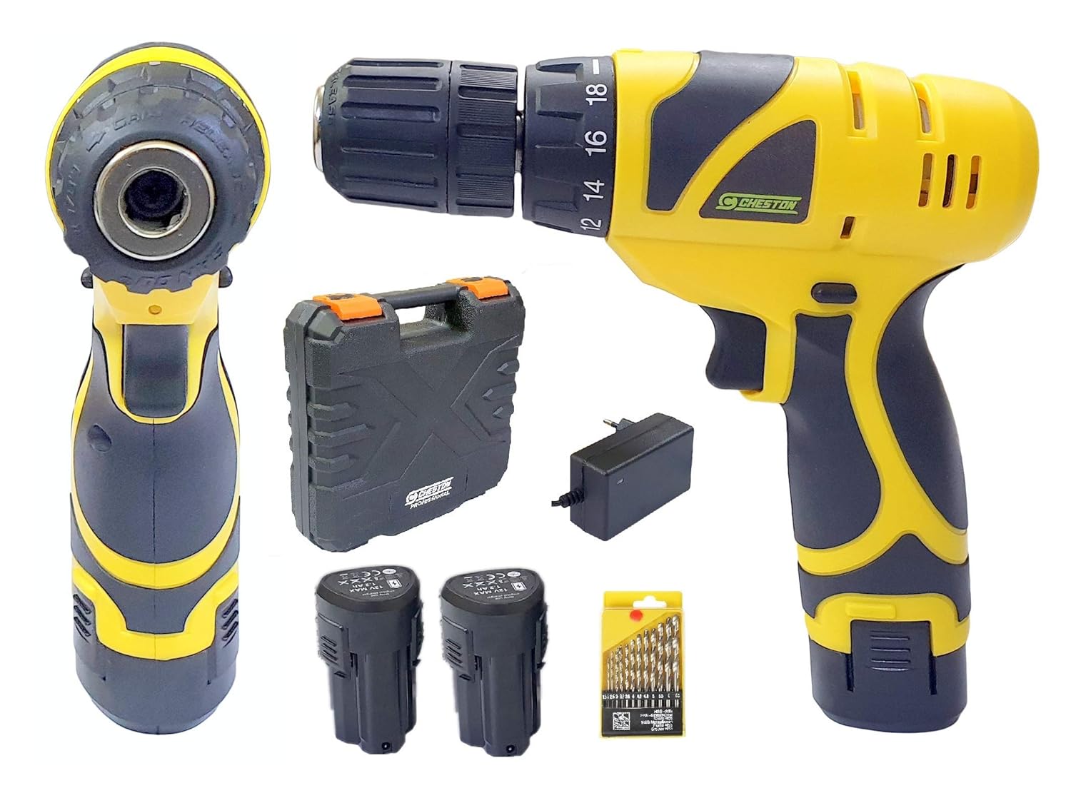 Cheston Cordless Drill Screwdriver Driver 10mm Keyless Chuck 12V with 2