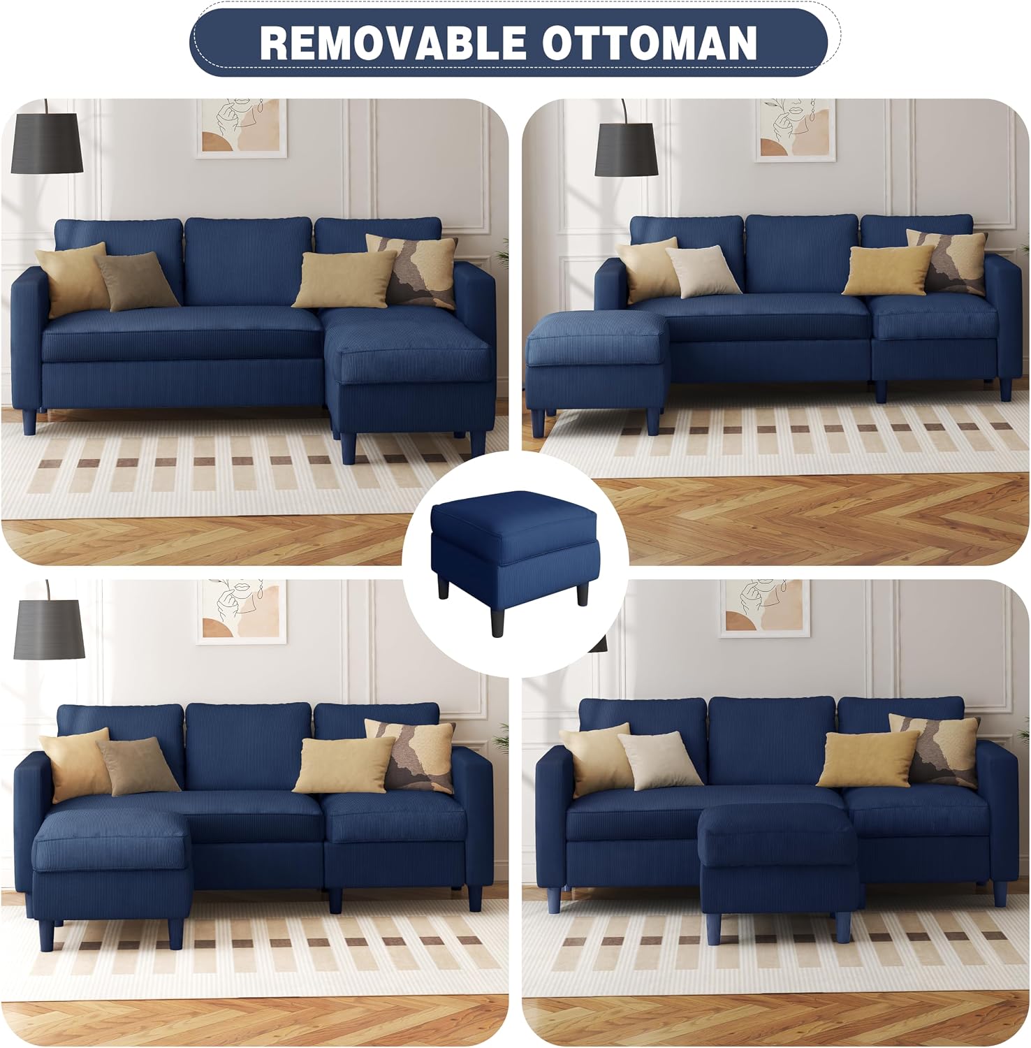 Shintenchi L Shaped Sectional Sofa Couch,Convertible Modular Sofas with Movable Ottoman,3-Seat Upholstered Corduroy Couch,Small Couches for Living Room,Apartment,Office(Blue)