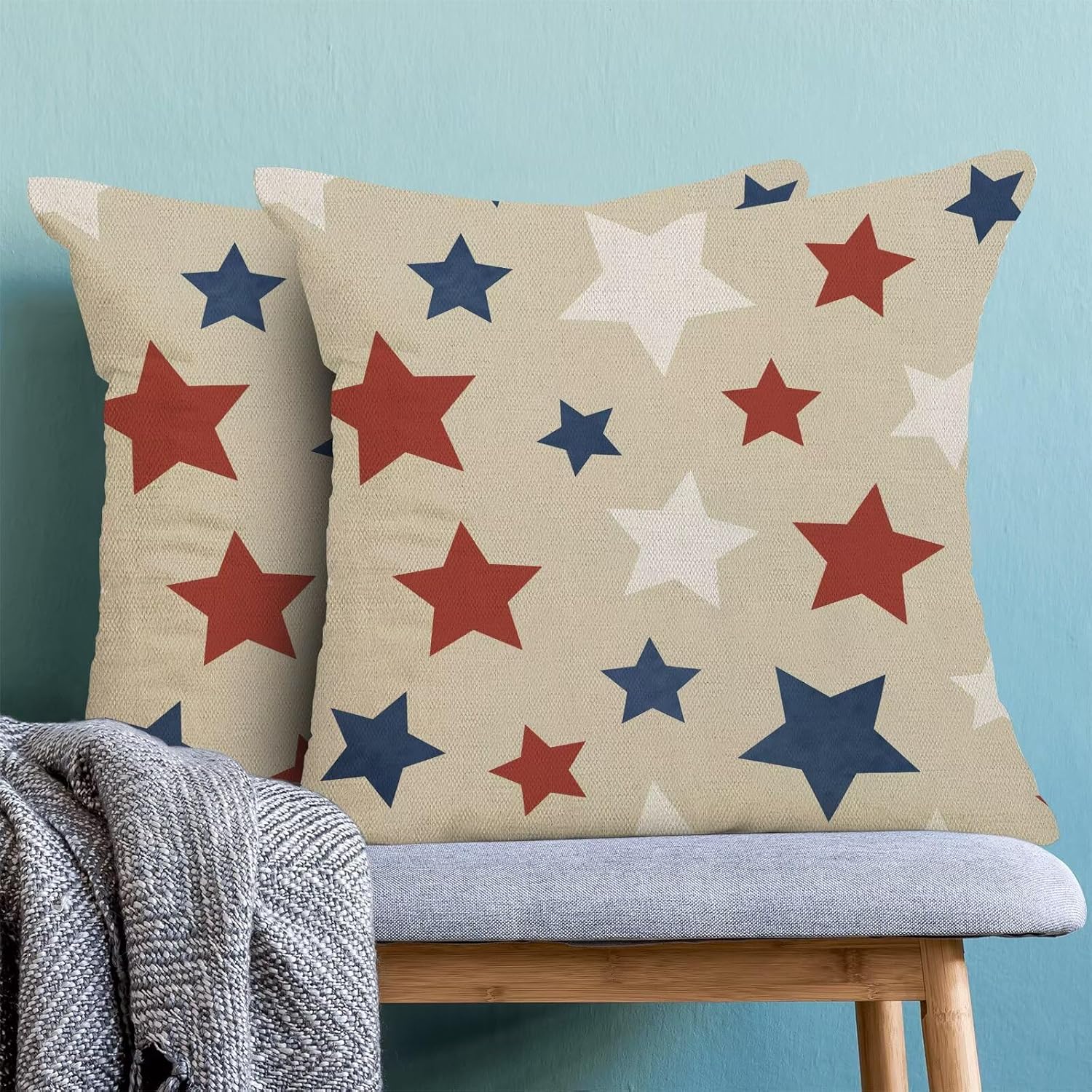 4th of July Pillow Covers 18x18 Inch Set of 2, Patriotic Khaki Outdoor Decorative Independence Day Throw Pillows Memorial Day Stars Couch Cushion Case for Chair Sofa Bedroom Living Room image 2