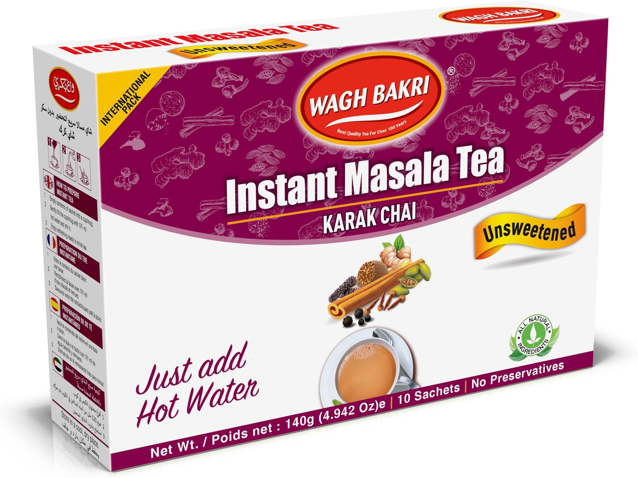 Instant Masala Tea, Unsweetened No Sugar Added, Karak Chai - 140grams, 10 Sachets [International Pack]